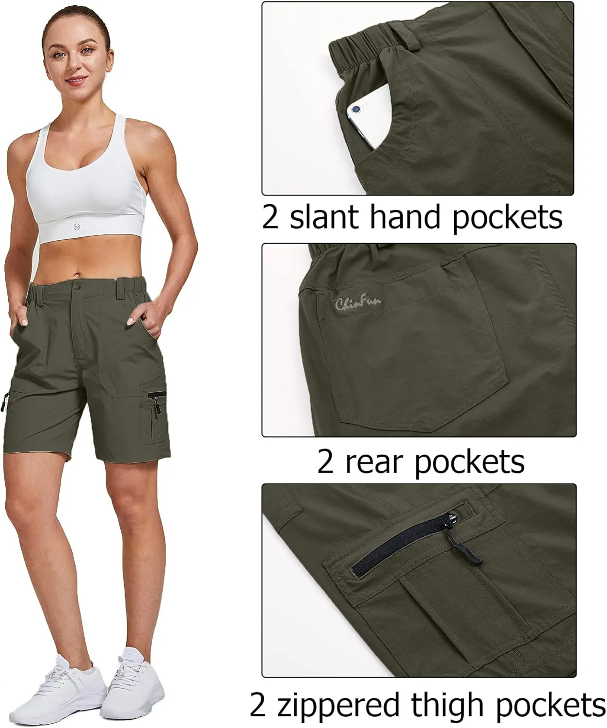 ChinFun Women's Stretch Cargo Shorts Lightweight Hiking Shorts Quick Dry Outdoor Shorts Water Resistant with 6 Pockets