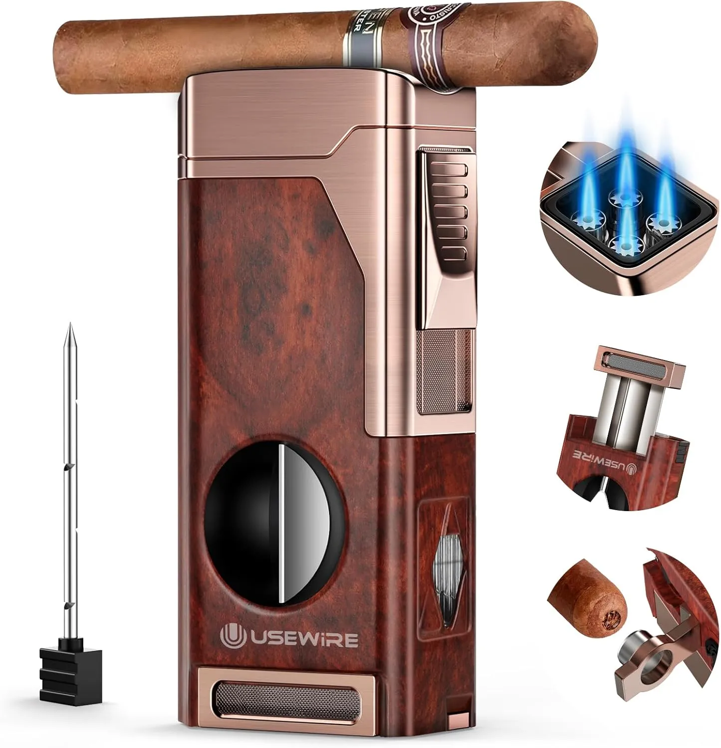 Cigar Lighter, Multifunctional Lighter with V-Cigar Cutter, Cigar Holder, Cigar Punch and Cigar Draw Enhancer, Fillable Butane Torch Lighter, Multi-Purpose Cigar Accessory, Cigar Gifts