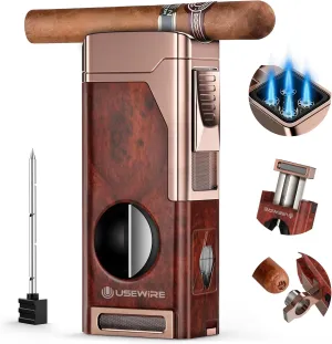 Cigar Lighter, Multifunctional Lighter with V-Cigar Cutter, Cigar Holder, Cigar Punch and Cigar Draw Enhancer, Fillable Butane Torch Lighter, Multi-Purpose Cigar Accessory, Cigar Gifts