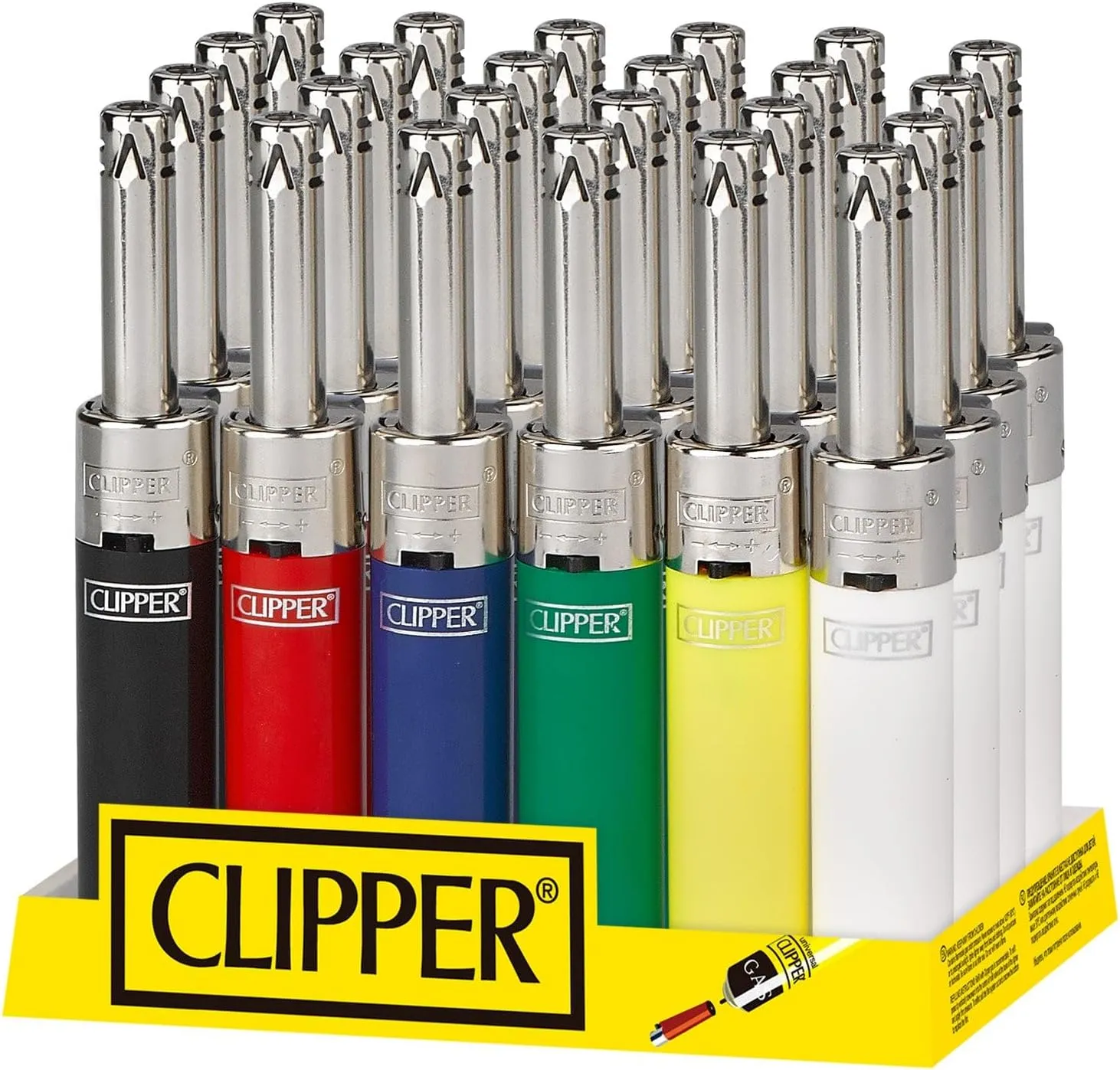 Clipper - Mini Tube Reusable Lighter - Refillable Candle Lighters w/Extended Wand and Adjustable Flame - Great Lighters for Candle, BBQ, Firepits, and use in The Outdoors - 24 Pack - Solid Assorted