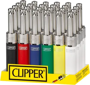 Clipper - Mini Tube Reusable Lighter - Refillable Candle Lighters w/Extended Wand and Adjustable Flame - Great Lighters for Candle, BBQ, Firepits, and use in The Outdoors - 24 Pack - Solid Assorted
