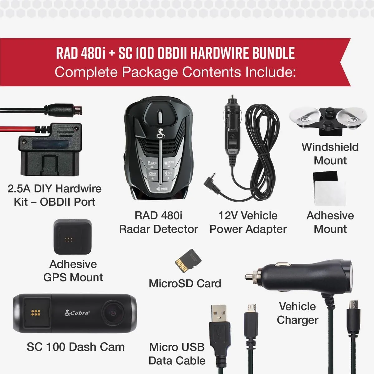 Cobra RAD 480i Laser Radar Detector & SC100 Smart Dash Cam   2.5A OBD Port to Micro USB Hardwire Kit: Long Range Front and Rear Detection, DSP, Full HD 1080P Resolution, Built-in WiFi & GPS