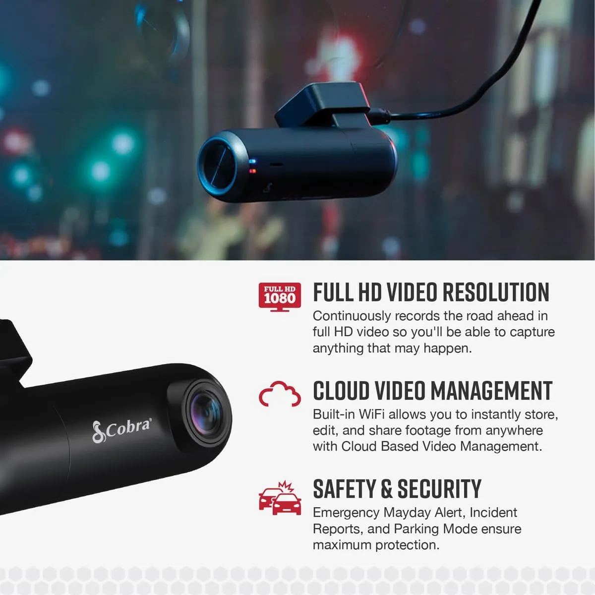 Cobra RAD 480i Laser Radar Detector & SC100 Smart Dash Cam   2.5A OBD Port to Micro USB Hardwire Kit: Long Range Front and Rear Detection, DSP, Full HD 1080P Resolution, Built-in WiFi & GPS