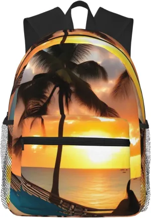 Coconut Beach Sunset Hammock Print Adults Casual Travel Zipper Bookbag Polyester Travel Daypack Bag Multiple Pockets