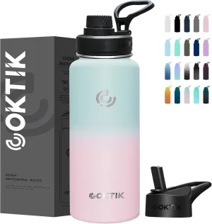 COKTIK 40 oz Sports Water Bottle With Straw,2 Lids, Stainless Steel Vacuum Insulated Water Bottles,Leakproof Lightweight, Keeps Cold and Hot, Great for Travel, Hiking, Biking, Running(Bubble Gum)