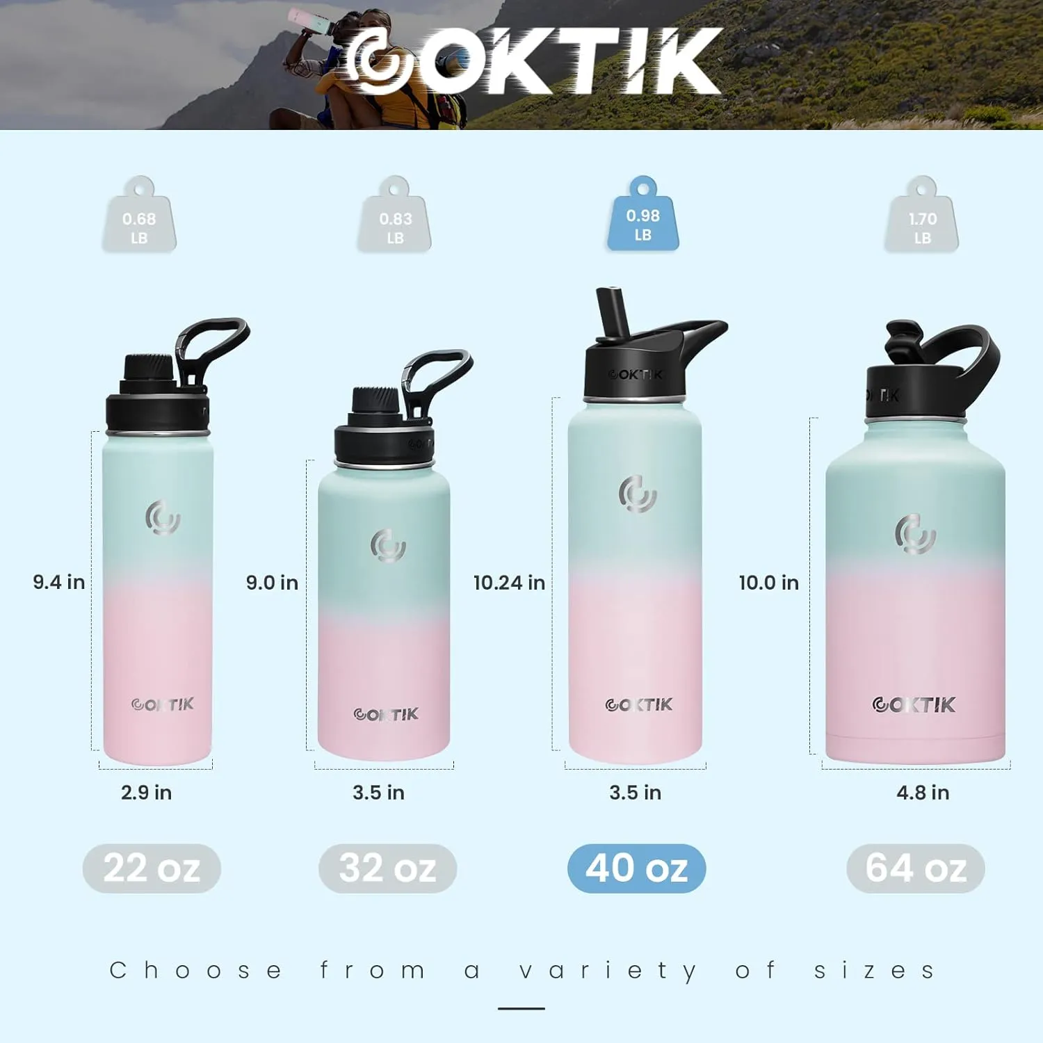 COKTIK 40 oz Sports Water Bottle With Straw,2 Lids, Stainless Steel Vacuum Insulated Water Bottles,Leakproof Lightweight, Keeps Cold and Hot, Great for Travel, Hiking, Biking, Running(Bubble Gum)