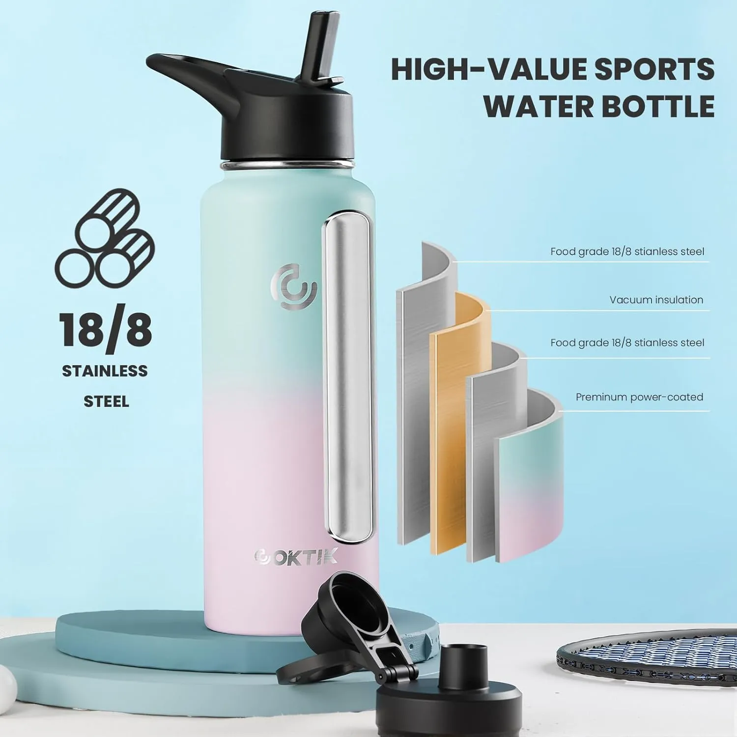 COKTIK 40 oz Sports Water Bottle With Straw,2 Lids, Stainless Steel Vacuum Insulated Water Bottles,Leakproof Lightweight, Keeps Cold and Hot, Great for Travel, Hiking, Biking, Running(Bubble Gum)