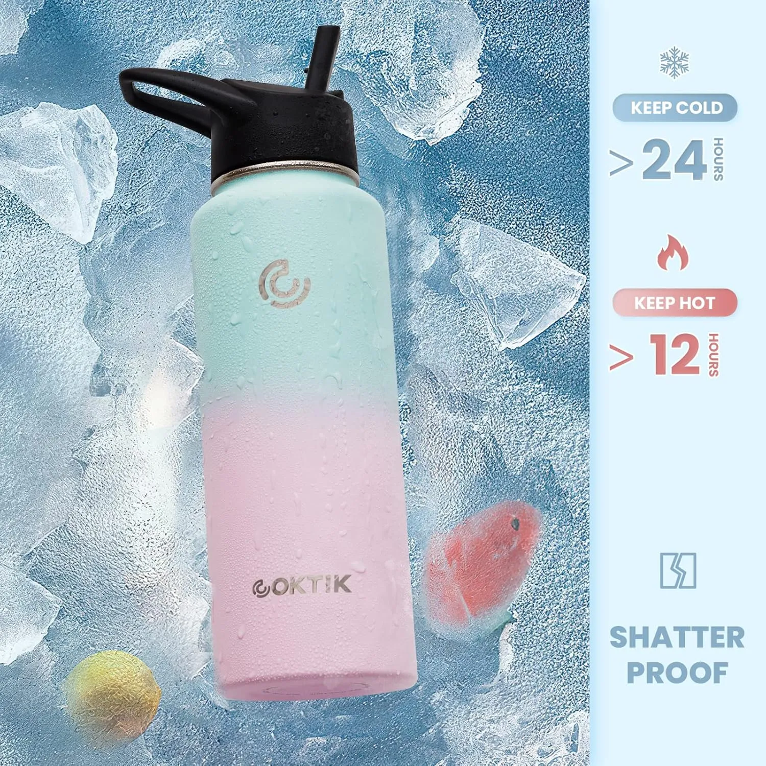 COKTIK 40 oz Sports Water Bottle With Straw,2 Lids, Stainless Steel Vacuum Insulated Water Bottles,Leakproof Lightweight, Keeps Cold and Hot, Great for Travel, Hiking, Biking, Running(Bubble Gum)