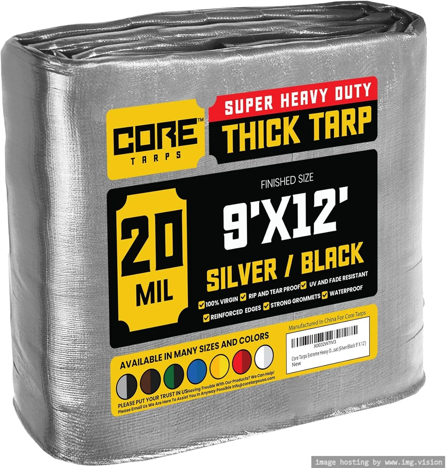 Core Tarps Extreme Heavy Duty 20 Mil Tarp Cover, Waterproof, UV Resistant, Rip and Tear Proof, Poly Tarpaulin with Reinforced Edges for Roof, Camping, Patio, Pool, Boat (Silver/Black 9′ X 12′)