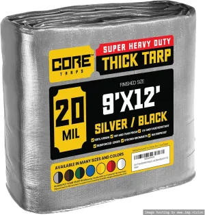 Core Tarps Extreme Heavy Duty 20 Mil Tarp Cover, Waterproof, UV Resistant, Rip and Tear Proof, Poly Tarpaulin with Reinforced Edges for Roof, Camping, Patio, Pool, Boat (Silver/Black 9′ X 12′)
