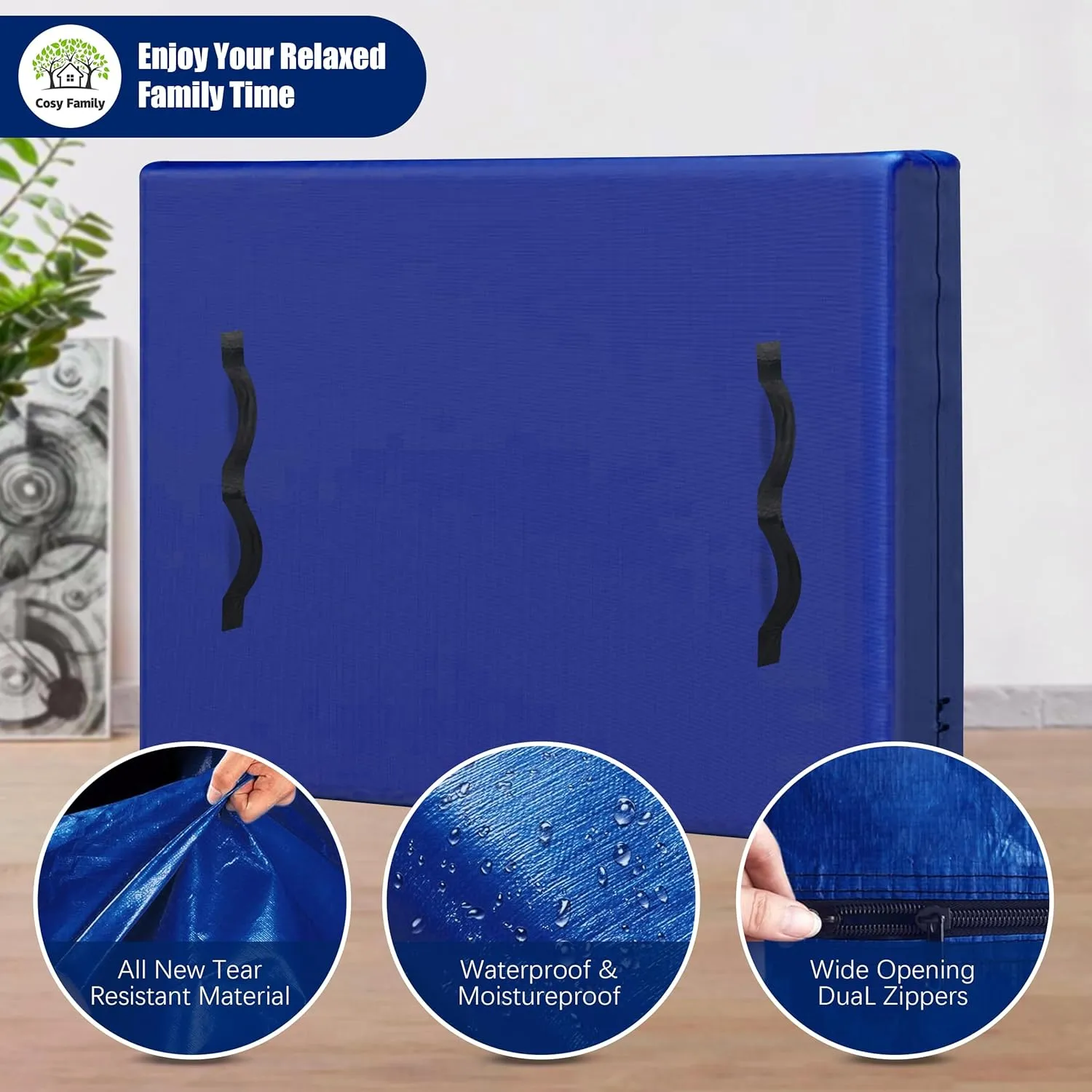 Cosy Family Mattress Bags for Moving with 8 Handles - 170GSM Extra-Thick Mattress Bag for Moving Supplies - Reusable Mattress Cover Protector Storage with Zipper, Blue, Full