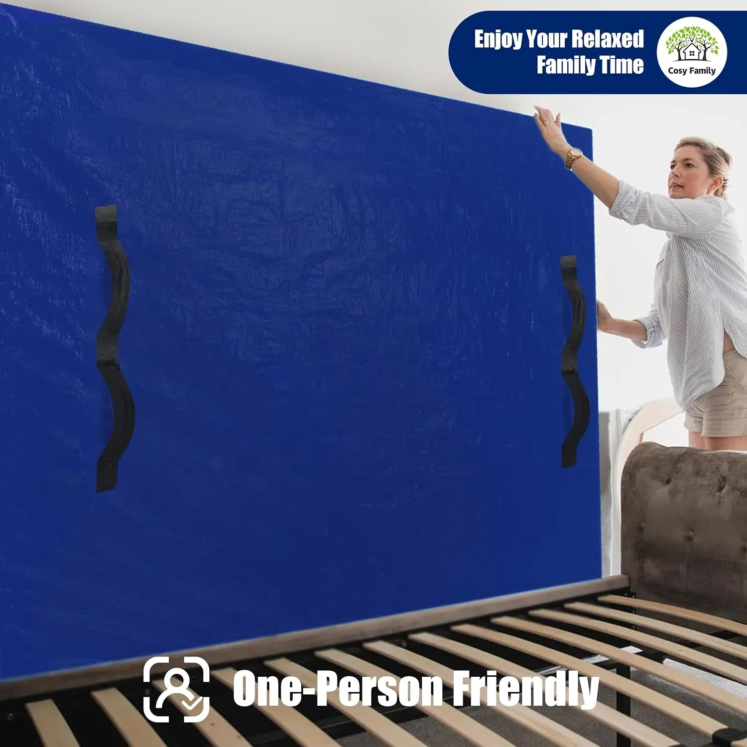 Cosy Family Mattress Bags for Moving with 8 Handles - 170GSM Extra-Thick Mattress Bag for Moving Supplies - Reusable Mattress Cover Protector Storage with Zipper, Blue, Full