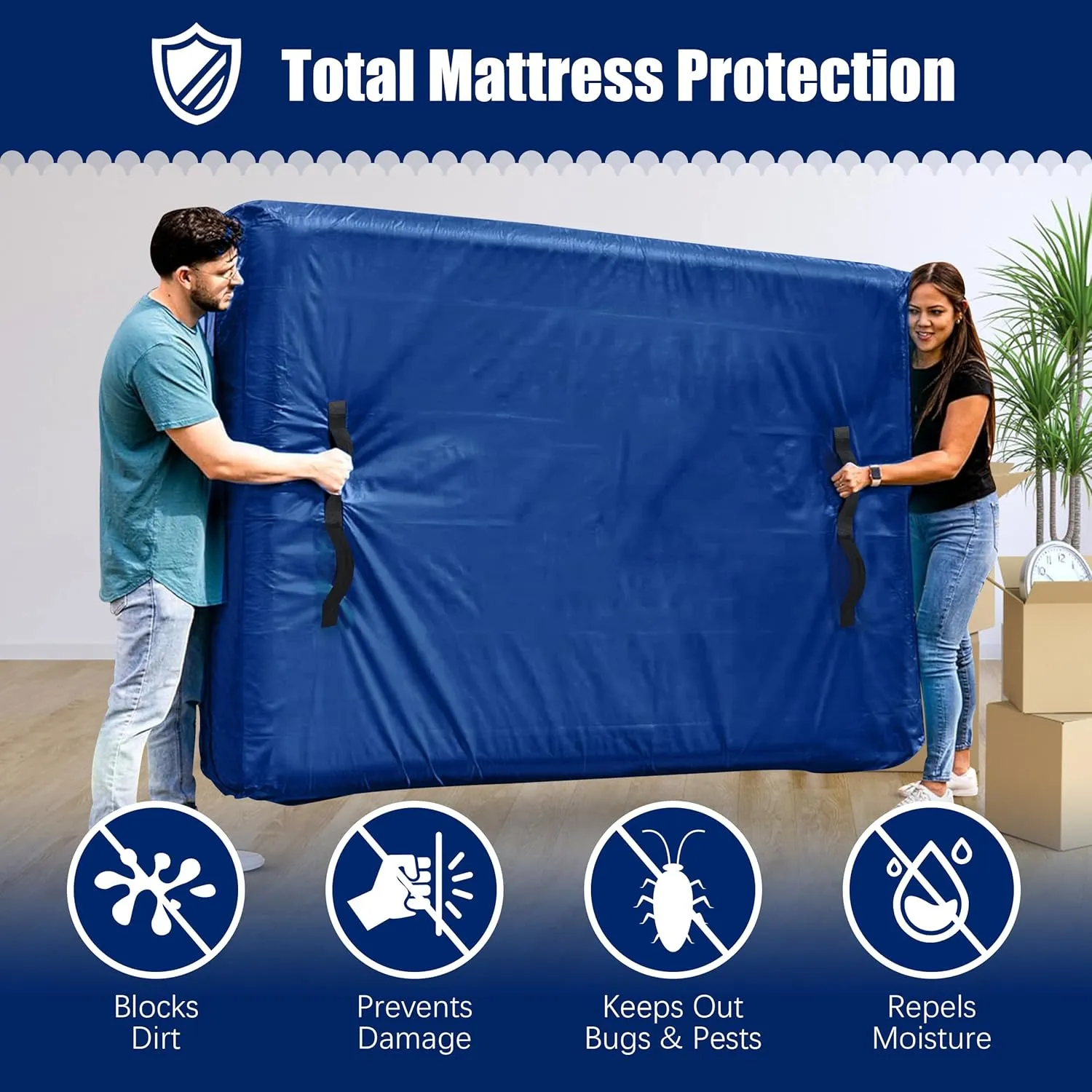 Cosy Family Mattress Bags for Moving with 8 Handles - 170GSM Extra-Thick Mattress Bag for Moving Supplies - Reusable Mattress Cover Protector Storage with Zipper, Blue, Full