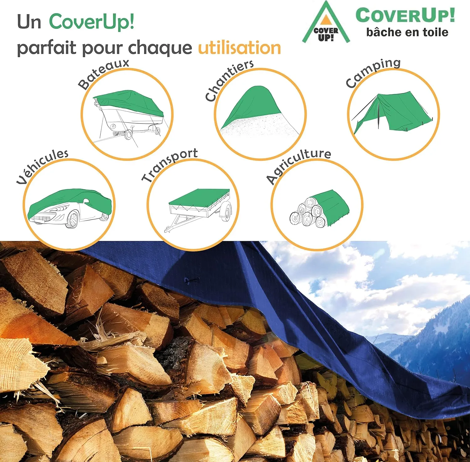 CoverUp 13x20 Feet Tarpaulin, 11 Mil Thick Heavy Duty Tarp Waterproof, 72 FT Rope for Fastening - UV-Resistant, Tear-Proof Cover with Grommets for Rain, Roof, RV, Camping, Pool, Outdoor Protection