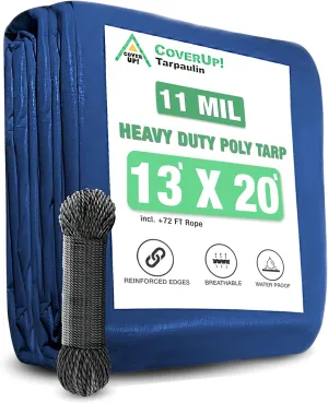 CoverUp 13x20 Feet Tarpaulin, 11 Mil Thick Heavy Duty Tarp Waterproof, 72 FT Rope for Fastening - UV-Resistant, Tear-Proof Cover with Grommets for Rain, Roof, RV, Camping, Pool, Outdoor Protection