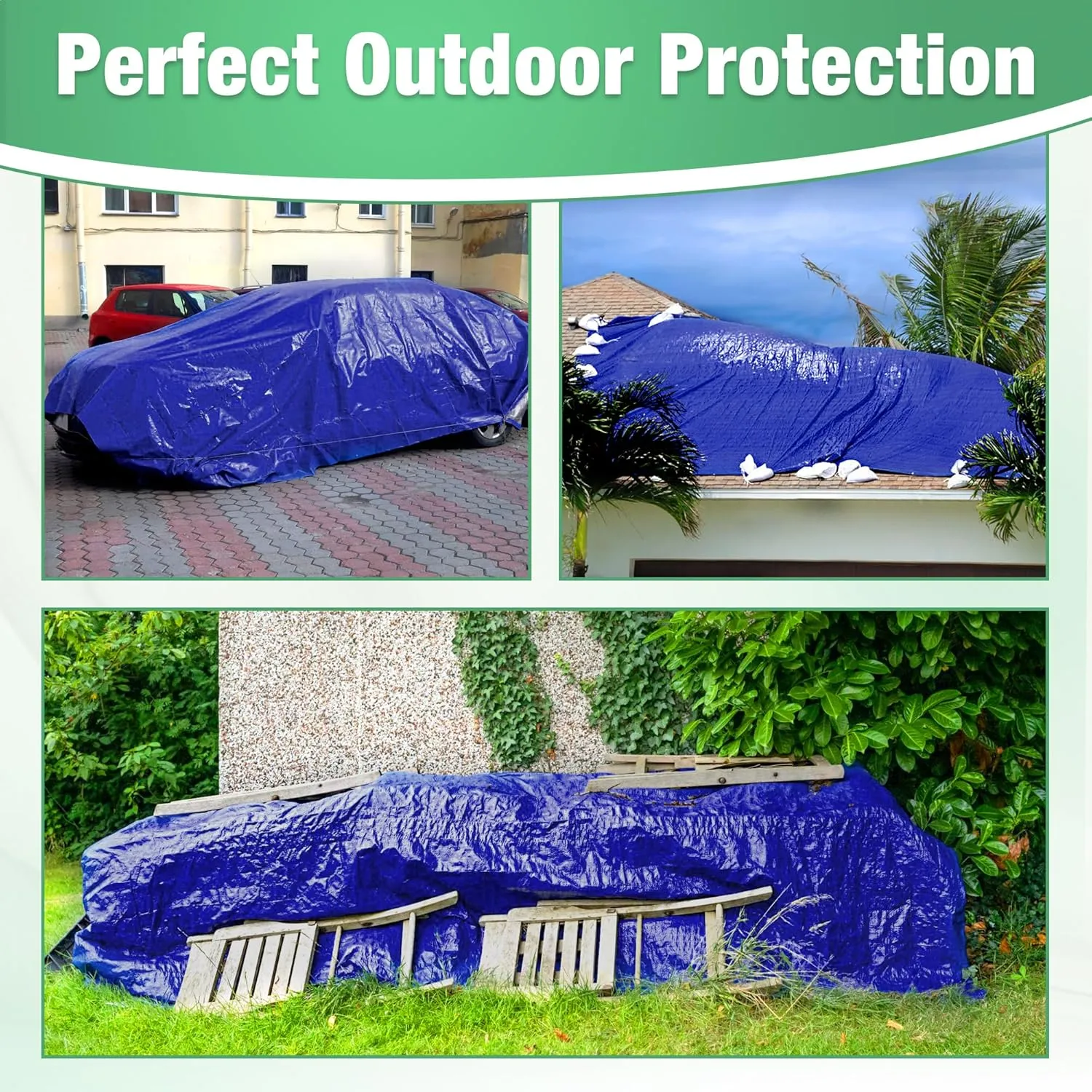 CoverUp 13x20 Feet Tarpaulin, 11 Mil Thick Heavy Duty Tarp Waterproof, 72 FT Rope for Fastening - UV-Resistant, Tear-Proof Cover with Grommets for Rain, Roof, RV, Camping, Pool, Outdoor Protection