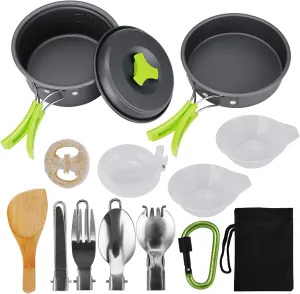 DALYNN Camping Cookware, 15Pcs Backpacking Gear Hiking Outdoors Non Stick Camping Cookware Set 1-2 People Lightweight Compact Durable Pot Pan Bowls