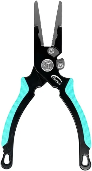 danco Pro Series 6.5” Fishing Pliers–Aircraft-Grade Aluminum, Titanium Jaw Inserts, Replaceable Titanium-Cobalt Cutters, Rubber Grips, Full Grain Leather Sheath, Lanyard –Saltwater-Resistant