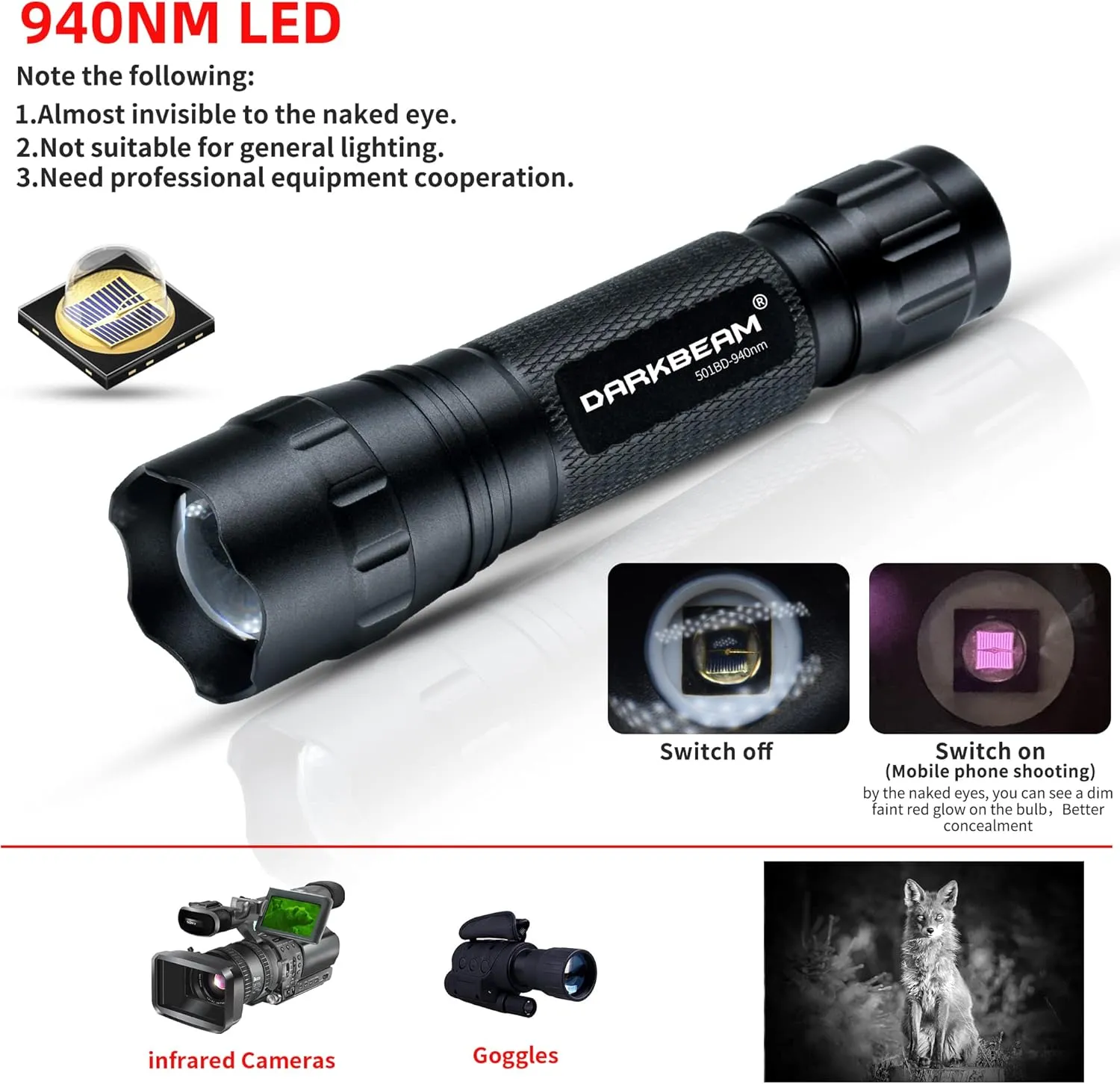 DARKBEAM ir Flashlight Infrared 940nm Light LED Rechargeable Mini for Night Vision, Handheld Tactical ir Illuminator, Focus Adjustable, Portable for Hunting, Observation, Search