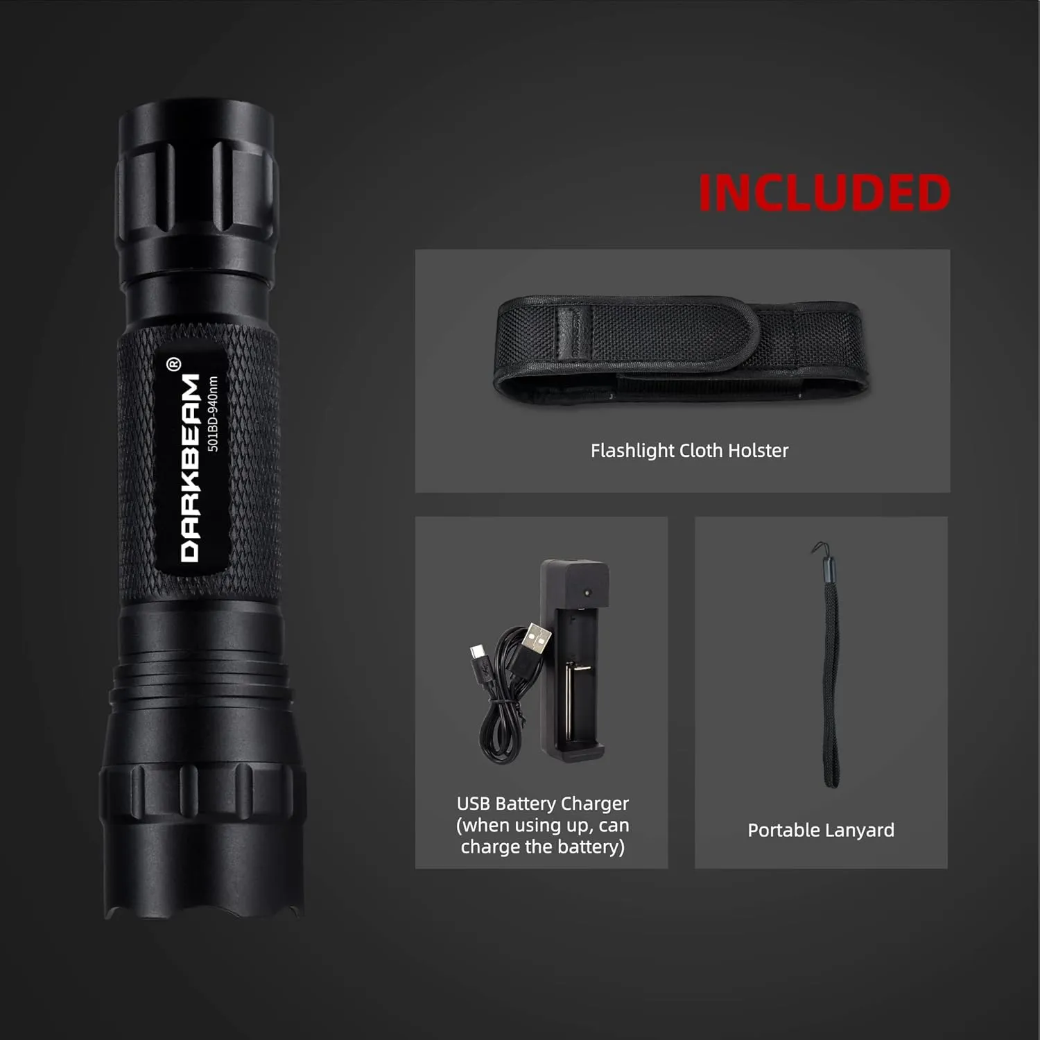 DARKBEAM ir Flashlight Infrared 940nm Light LED Rechargeable Mini for Night Vision, Handheld Tactical ir Illuminator, Focus Adjustable, Portable for Hunting, Observation, Search