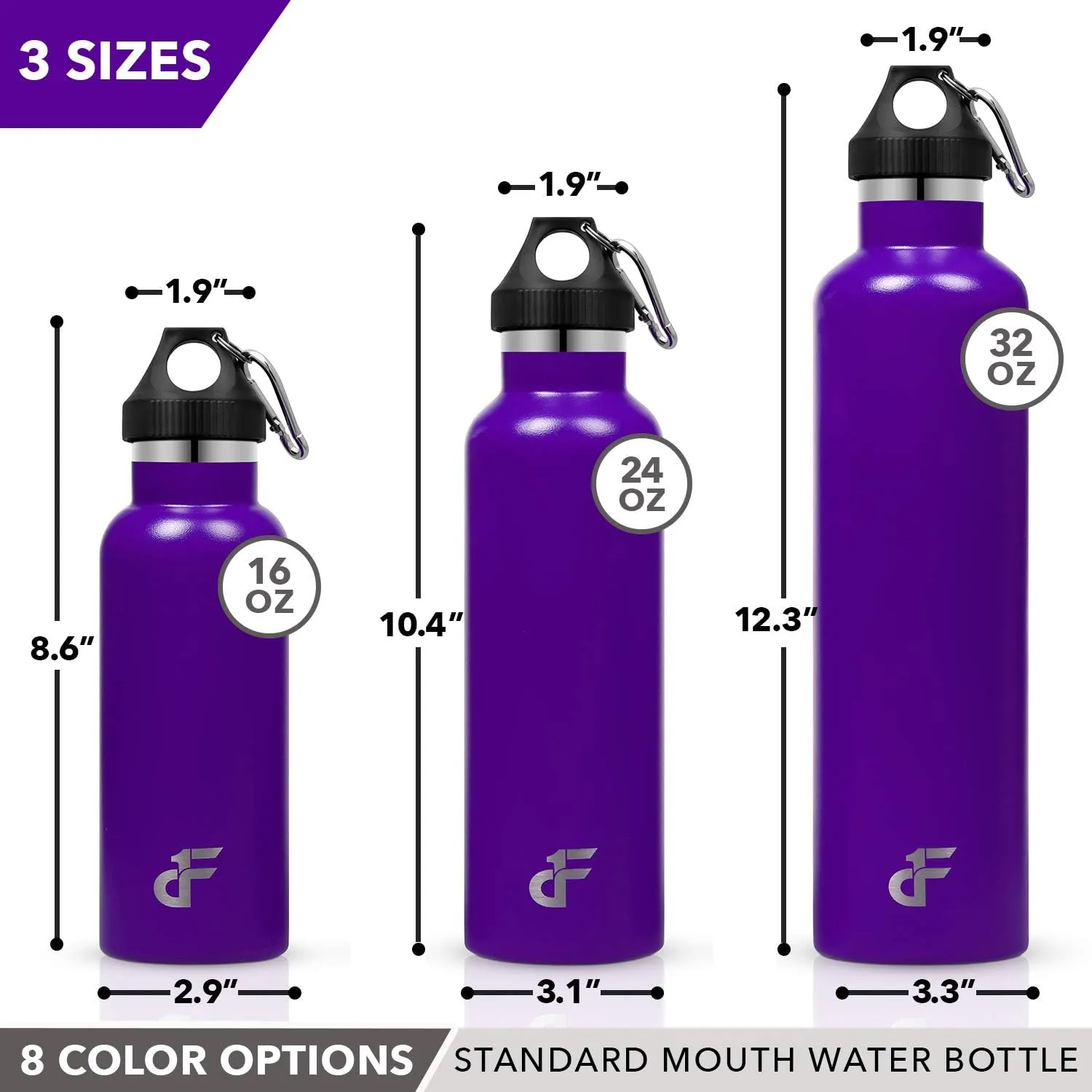 Day 1 Fitness Stainless Steel Water Bottle Standard Mouth, Carabiner Clip (16, 24, or 32oz) 3 Size, 8 Color, and Multi-pack Options – Vacuum Insulated, Double Walled, Powder-Coated Sweat Proof Thermos