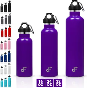 Day 1 Fitness Stainless Steel Water Bottle Standard Mouth, Carabiner Clip (16, 24, or 32oz) 3 Size, 8 Color, and Multi-pack Options – Vacuum Insulated, Double Walled, Powder-Coated Sweat Proof Thermos