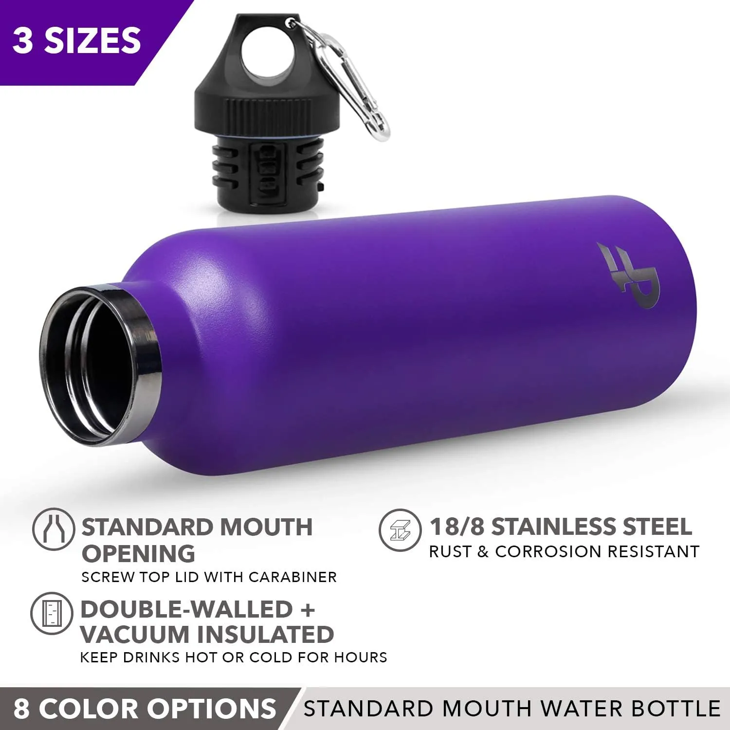 Day 1 Fitness Stainless Steel Water Bottle Standard Mouth, Carabiner Clip (16, 24, or 32oz) 3 Size, 8 Color, and Multi-pack Options – Vacuum Insulated, Double Walled, Powder-Coated Sweat Proof Thermos