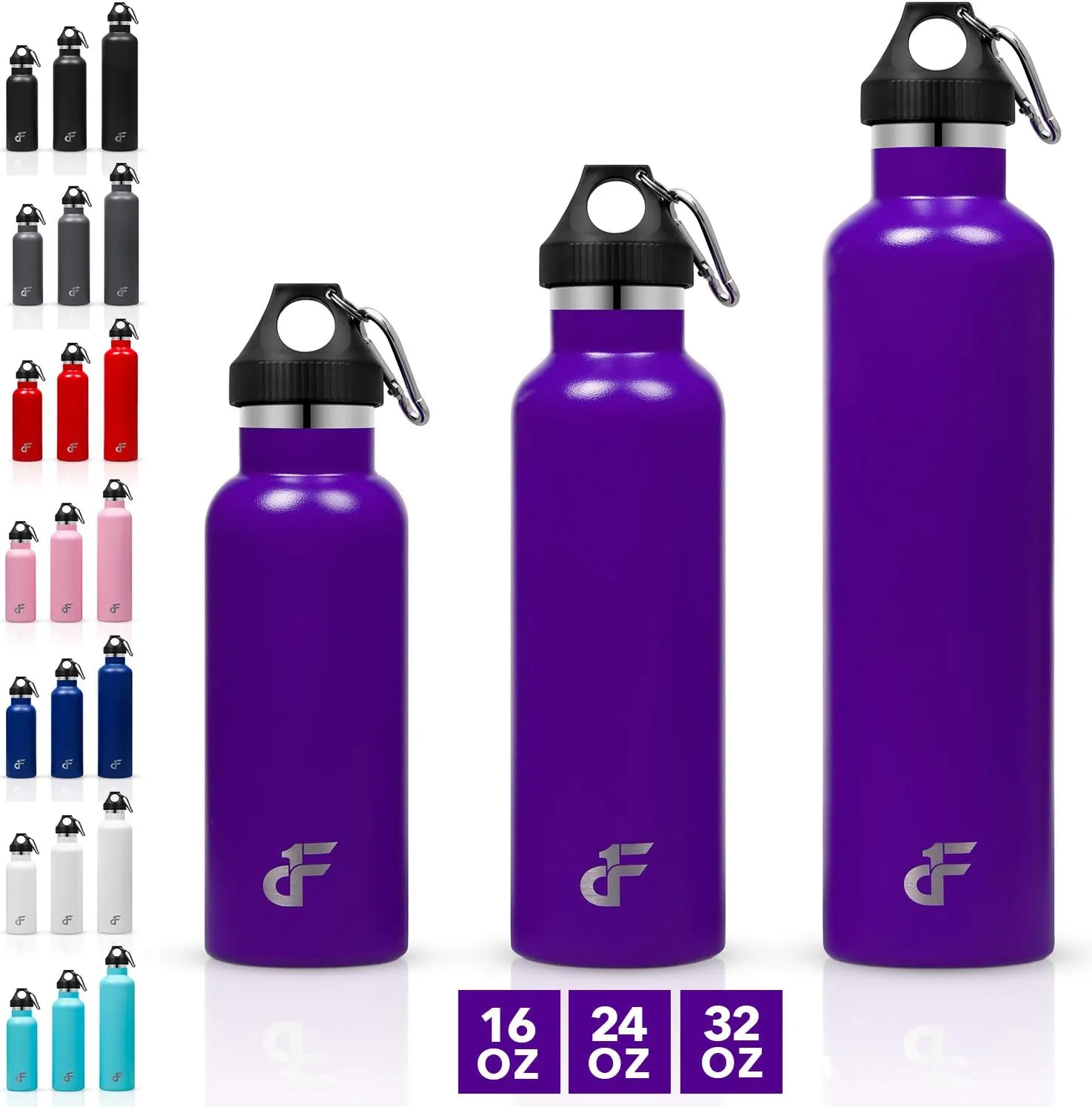 Day 1 Fitness Stainless Steel Water Bottle Standard Mouth, Carabiner Clip (16, 24, or 32oz) 3 Size, 8 Color, and Multi-pack Options – Vacuum Insulated, Double Walled, Powder-Coated Sweat Proof Thermos