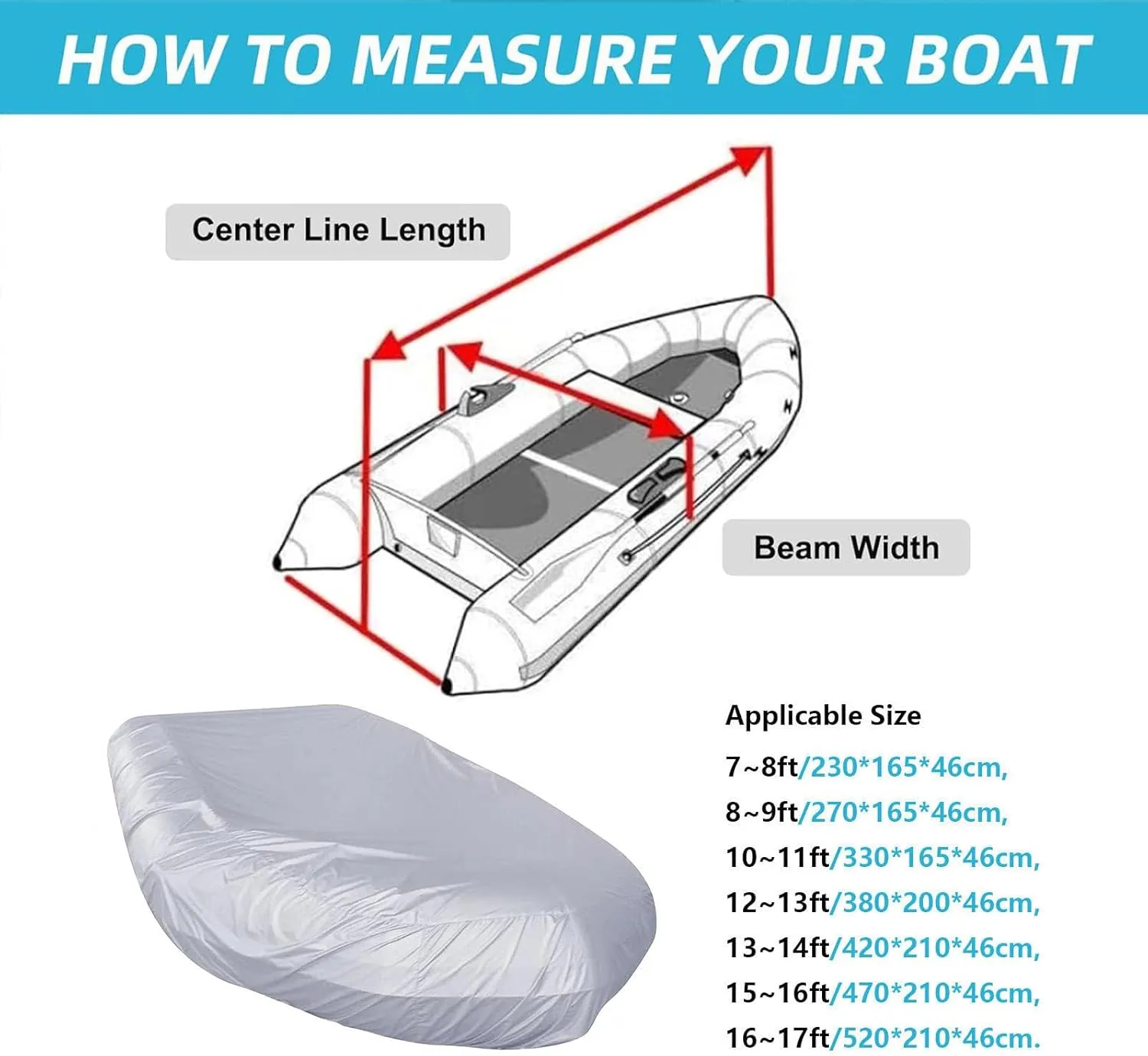 Dinghy Cover 7 Sizes Boat Tarp Waterproof Anti-UV Inflatable Boat Cover for Small Inflatable and Rigid Inflatable Boats,270 * 165 * 46cm