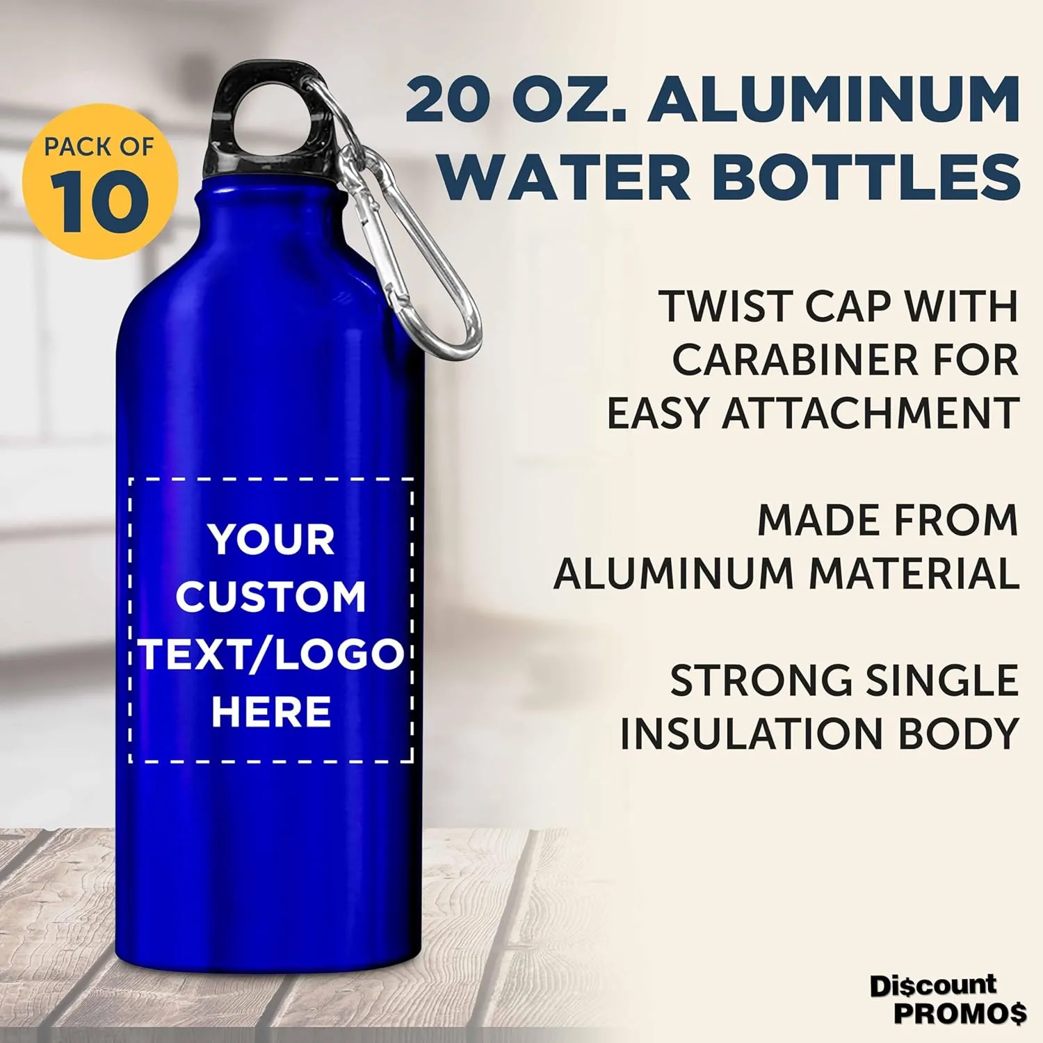 DISCOUNT PROMOS Custom Aluminum Water Bottles 20 oz. Set of 10, Personalized Bulk Pack - Perfect for Gym, Hiking, Any Indoor/Outdoor Activities - Blue