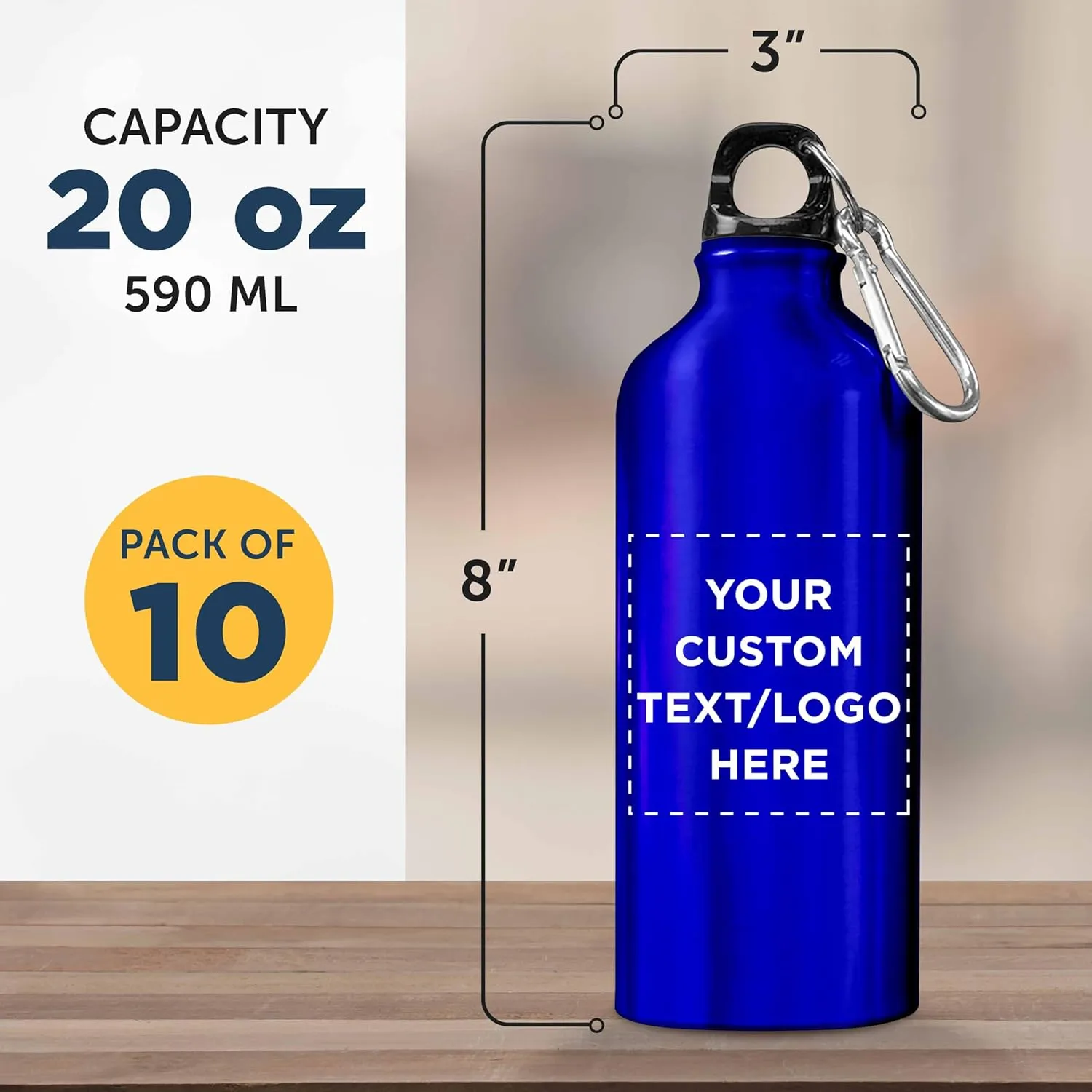 DISCOUNT PROMOS Custom Aluminum Water Bottles 20 oz. Set of 10, Personalized Bulk Pack - Perfect for Gym, Hiking, Any Indoor/Outdoor Activities - Blue