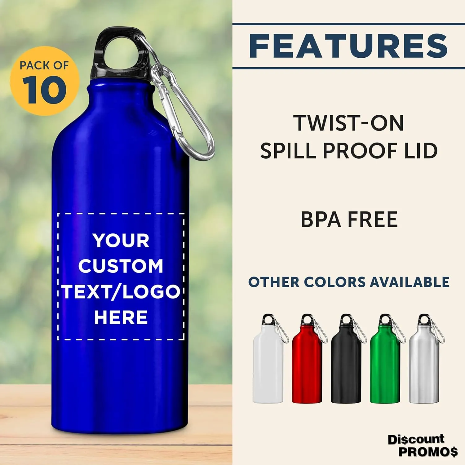 DISCOUNT PROMOS Custom Aluminum Water Bottles 20 oz. Set of 10, Personalized Bulk Pack - Perfect for Gym, Hiking, Any Indoor/Outdoor Activities - Blue