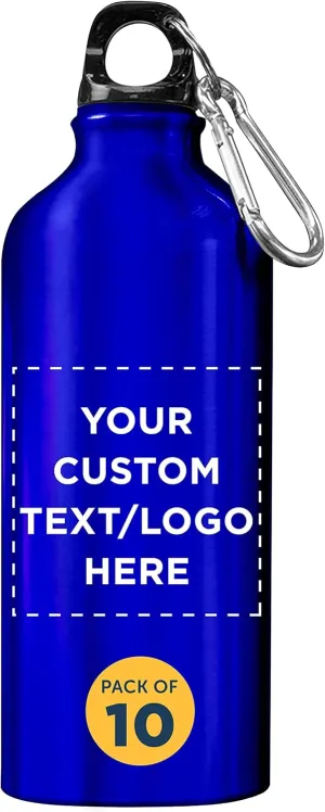 DISCOUNT PROMOS Custom Aluminum Water Bottles 20 oz. Set of 10, Personalized Bulk Pack - Perfect for Gym, Hiking, Any Indoor/Outdoor Activities - Blue