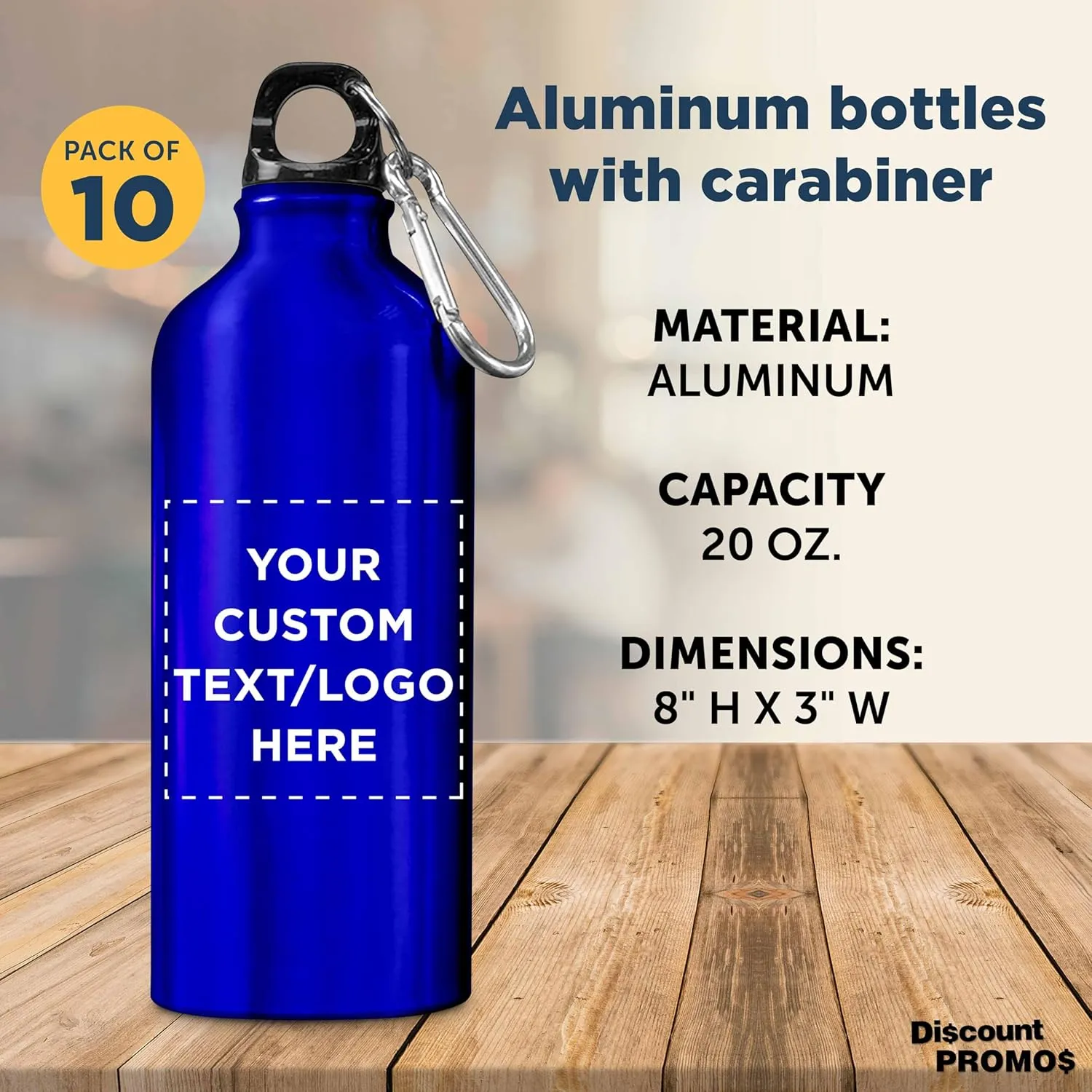 DISCOUNT PROMOS Custom Aluminum Water Bottles 20 oz. Set of 10, Personalized Bulk Pack - Perfect for Gym, Hiking, Any Indoor/Outdoor Activities - Blue