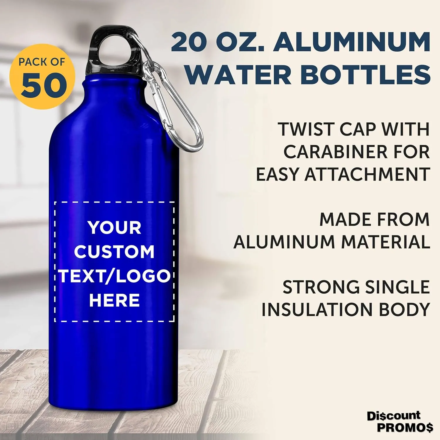 DISCOUNT PROMOS Custom Aluminum Water Bottles 20 oz. Set of 50, Personalized Bulk Pack - Perfect for Gym, Hiking, Any Indoor/Outdoor Activities - Blue