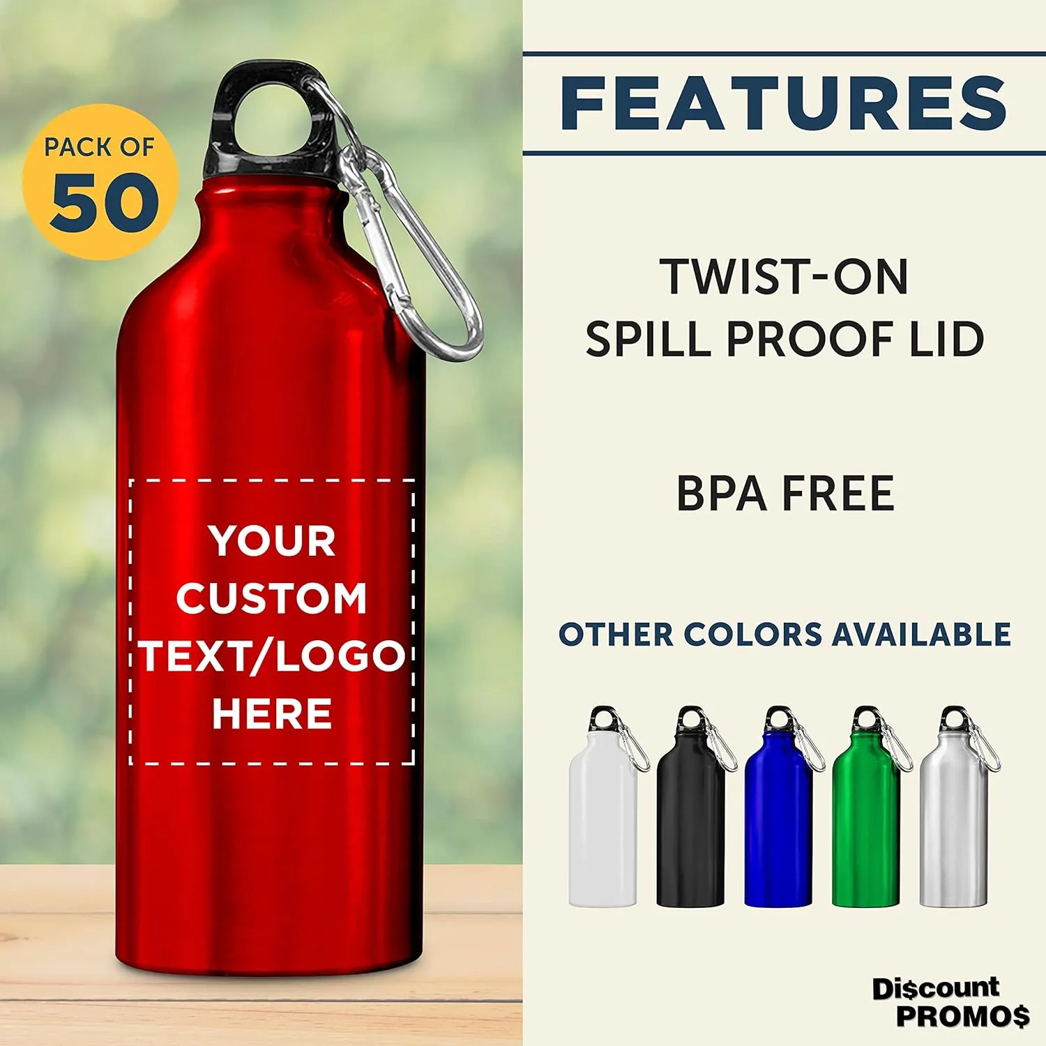 DISCOUNT PROMOS Custom Aluminum Water Bottles 20 oz. Set of 50, Personalized Bulk Pack - Perfect for Gym, Hiking, Any Indoor/Outdoor Activities - Red