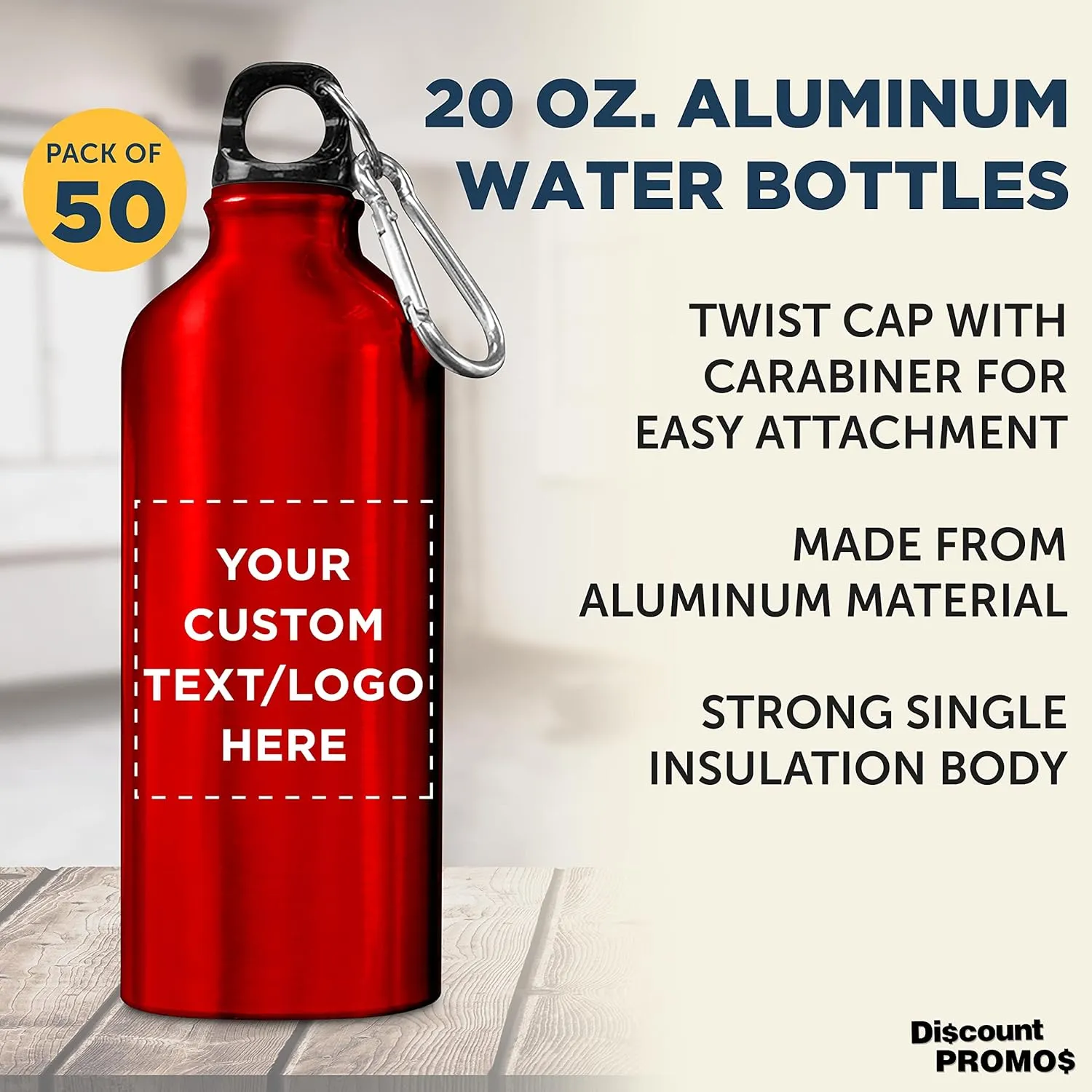 DISCOUNT PROMOS Custom Aluminum Water Bottles 20 oz. Set of 50, Personalized Bulk Pack - Perfect for Gym, Hiking, Any Indoor/Outdoor Activities - Red