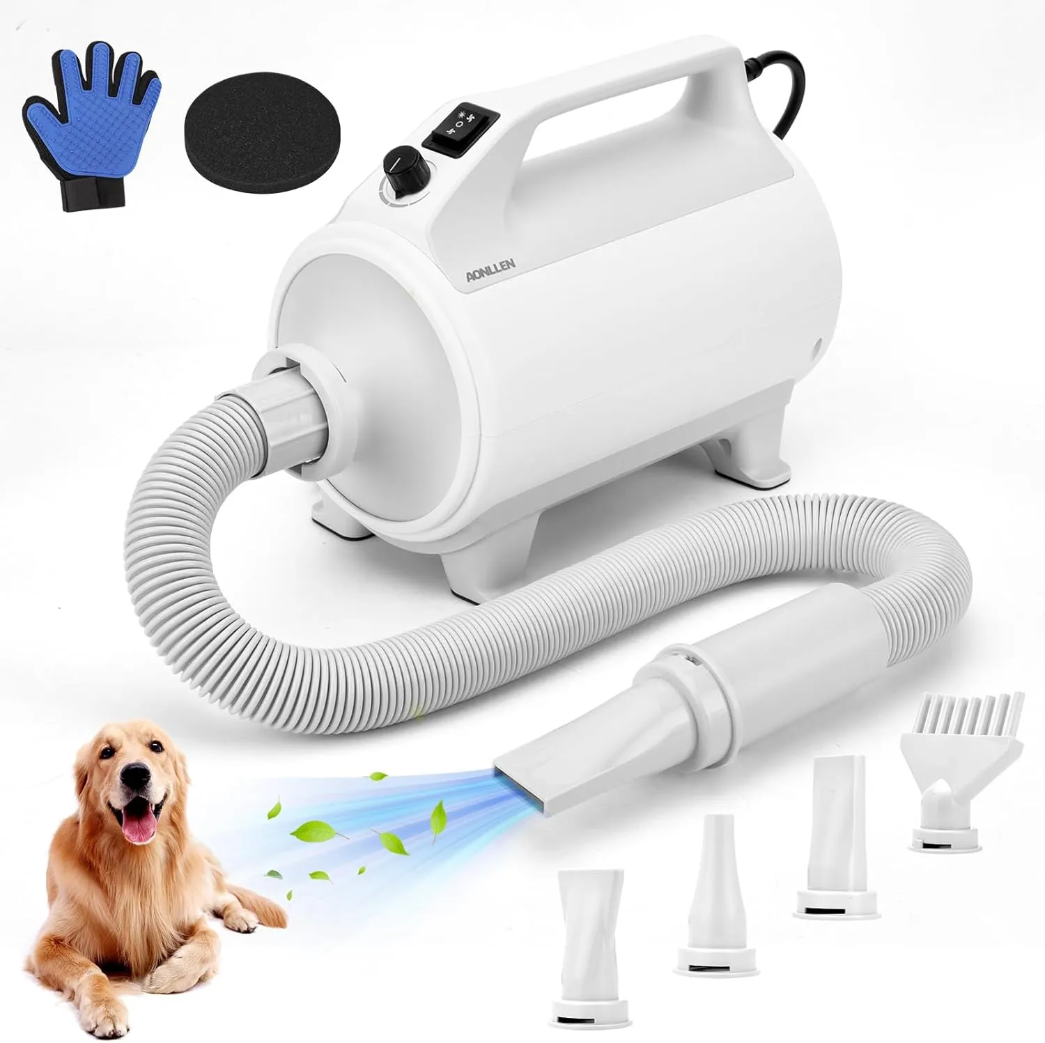 Dog Hair Dryer, 4.3hp Stepless Adjustable Speed High Velocity Dryer for Dogs, Dog Blower Grooming Dryer with Heater,4 Nozzles, and Pet Grooming Gloves Supplies