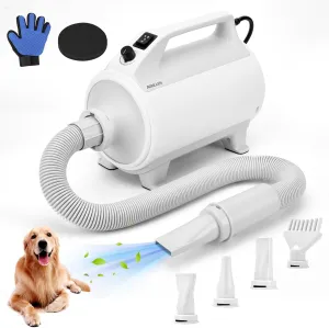 Dog Hair Dryer, 4.3hp Stepless Adjustable Speed High Velocity Dryer for Dogs, Dog Blower Grooming Dryer with Heater,4 Nozzles, and Pet Grooming Gloves Supplies