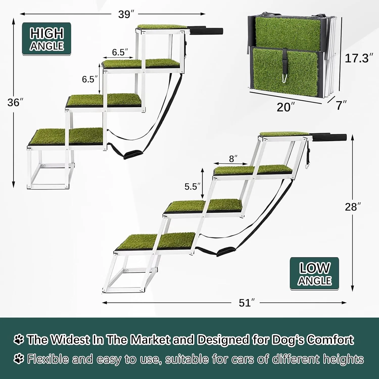 Dog Ramp for Car, Extra Wide Dog Car Stair for Large Dogs, Pet Steps Lightweight Aluminum Foldable Dog Steps for Cars and SUV,High Beds, Trucks, Supports up to 200 lbs (Extra Wide-4 Steps with Grass)