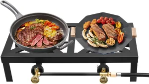 Double Burner, Outdoor Gas Stove Propane Cooker with Adjustable 0-10Psi Regulator Hose Portable Camping BBQ Cooker Propane Stove for Patio Camping, BBQ, Home Brewing, Turkey Fry, Maple Syrup Prep