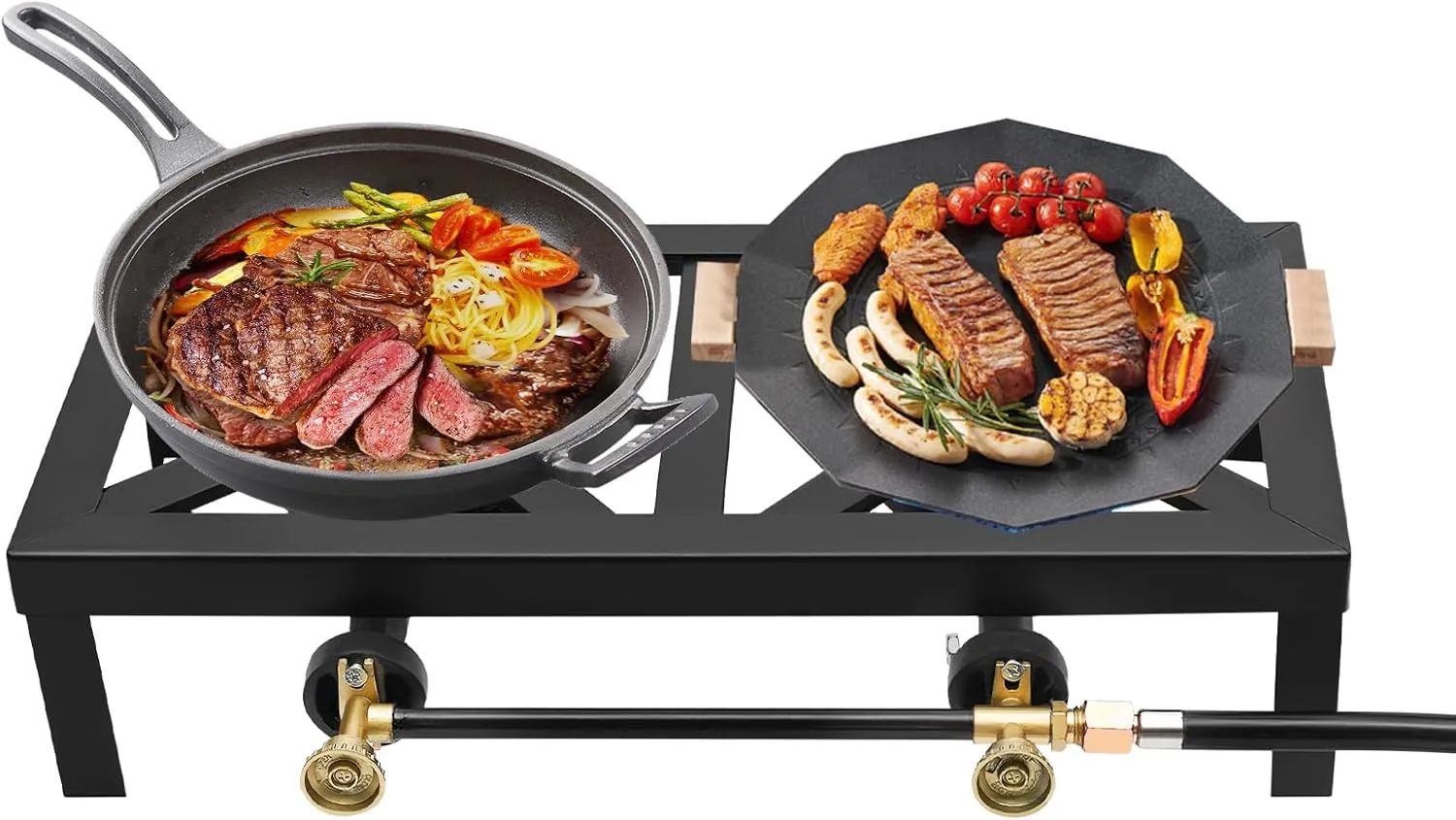Double Burner, Outdoor Gas Stove Propane Cooker with Adjustable 0-10Psi Regulator Hose Portable Camping BBQ Cooker Propane Stove for Patio Camping, BBQ, Home Brewing, Turkey Fry, Maple Syrup Prep