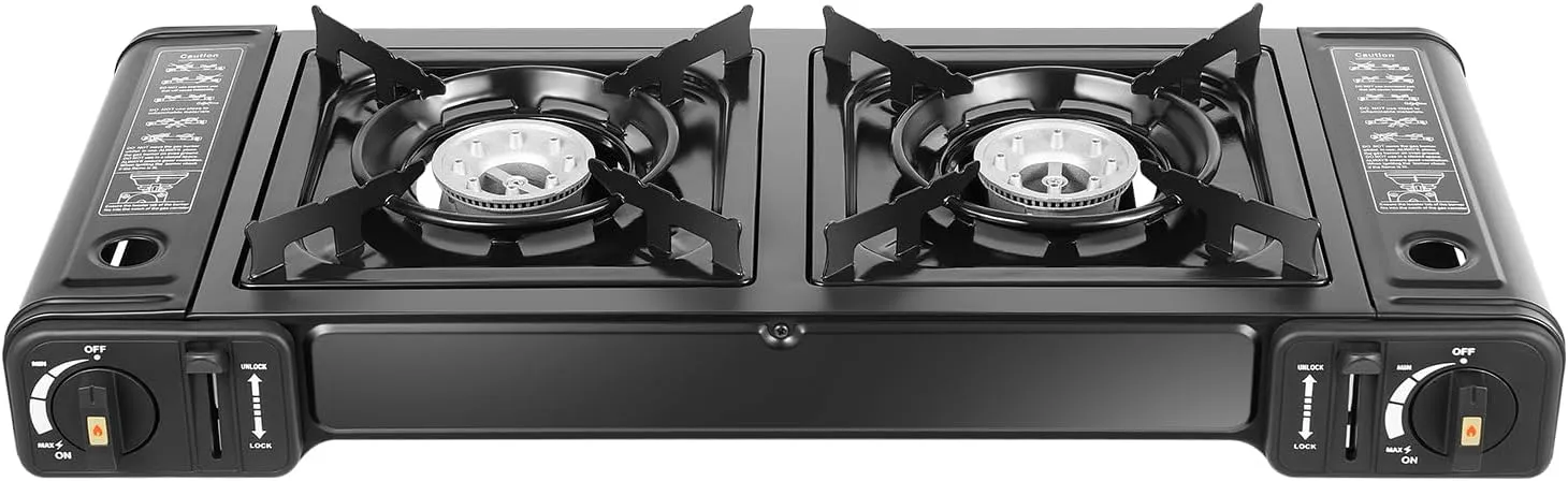 Double Butane Stove,Double Head Bbq Gas Range With Roasting Pan,2-In-1 Cooking Lightweight (9.9lbs),With Storage Case And Strong Power (2 * 3924 Btu) For Camping,Picnicking,Hiking