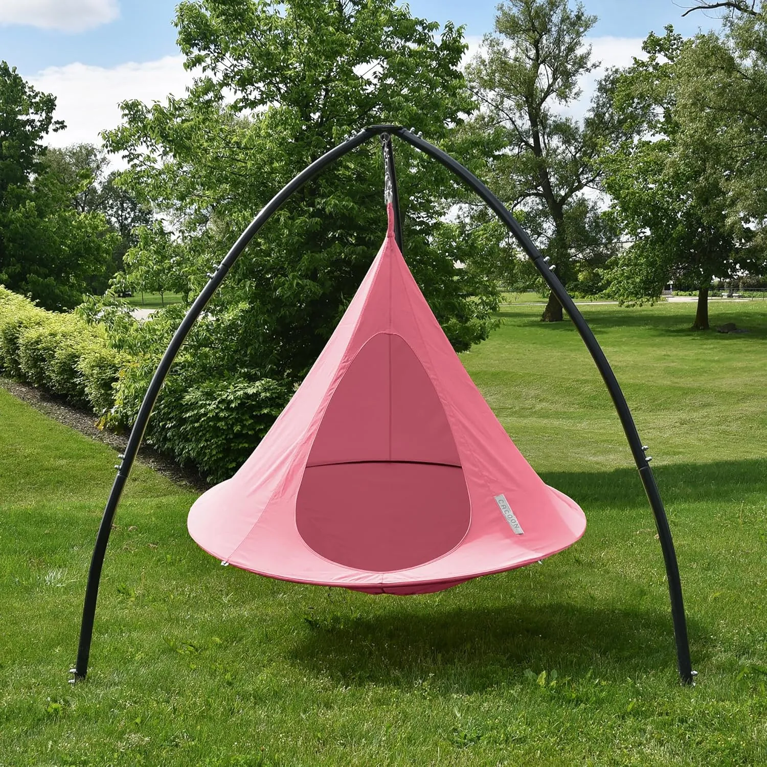 Double Cacoon Hanging Chair for Two – Cozy Indoor/Outdoor Hammock with Polyester Canvas, 440 lb Capacity, Includes 18ft Rope & Carabiner (Coral Rose)