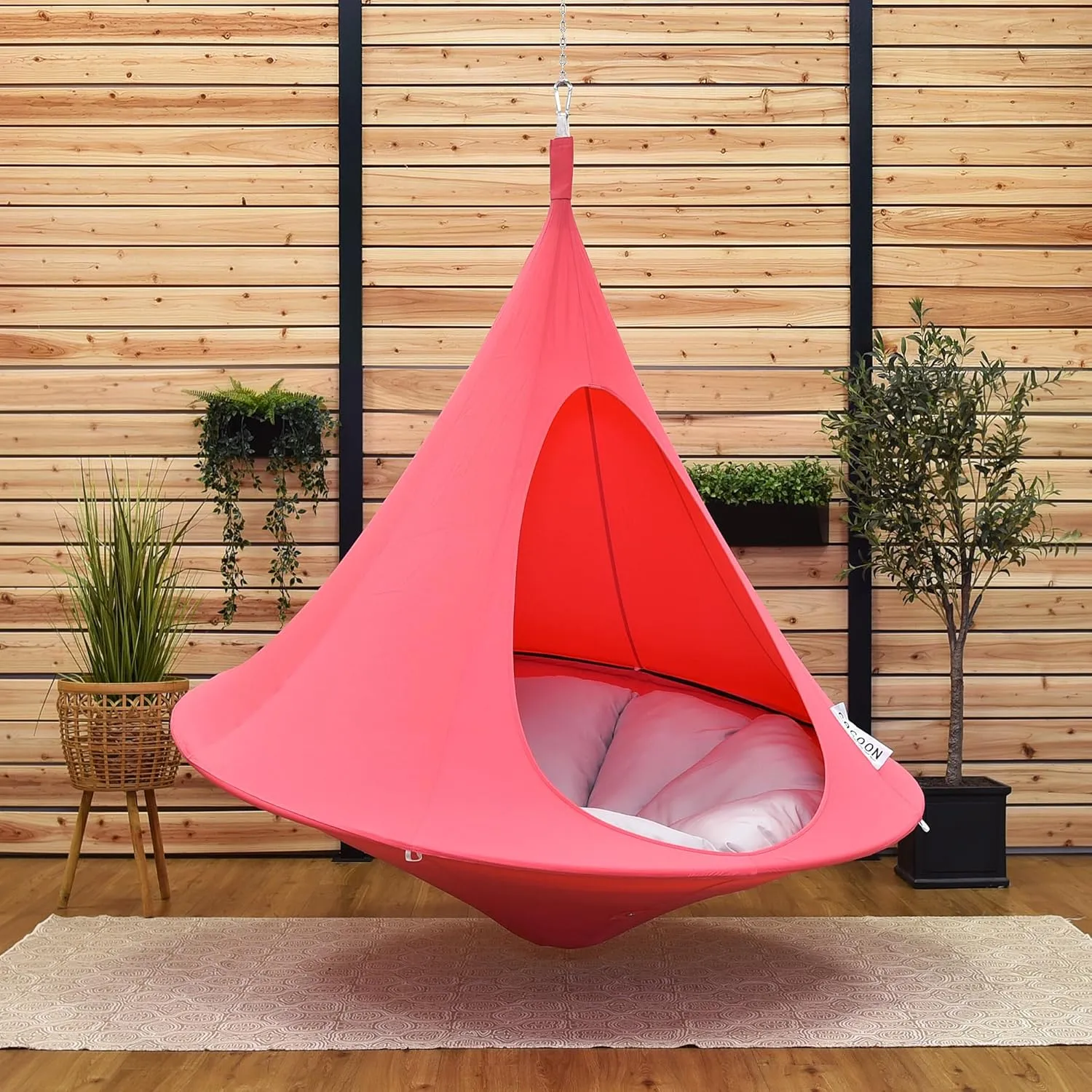Double Cacoon Hanging Chair for Two – Cozy Indoor/Outdoor Hammock with Polyester Canvas, 440 lb Capacity, Includes 18ft Rope & Carabiner (Coral Rose)