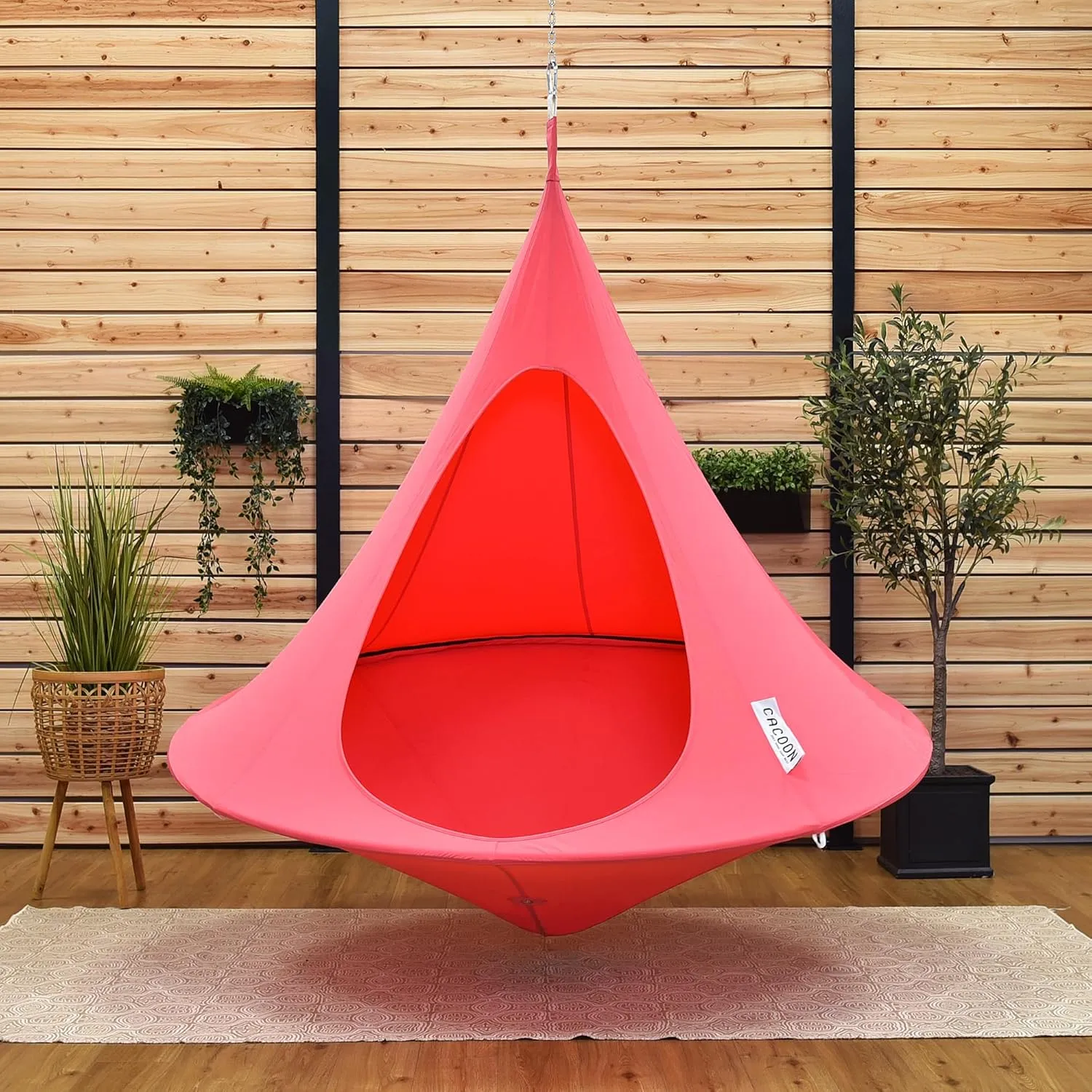 Double Cacoon Hanging Chair for Two – Cozy Indoor/Outdoor Hammock with Polyester Canvas, 440 lb Capacity, Includes 18ft Rope & Carabiner (Coral Rose)