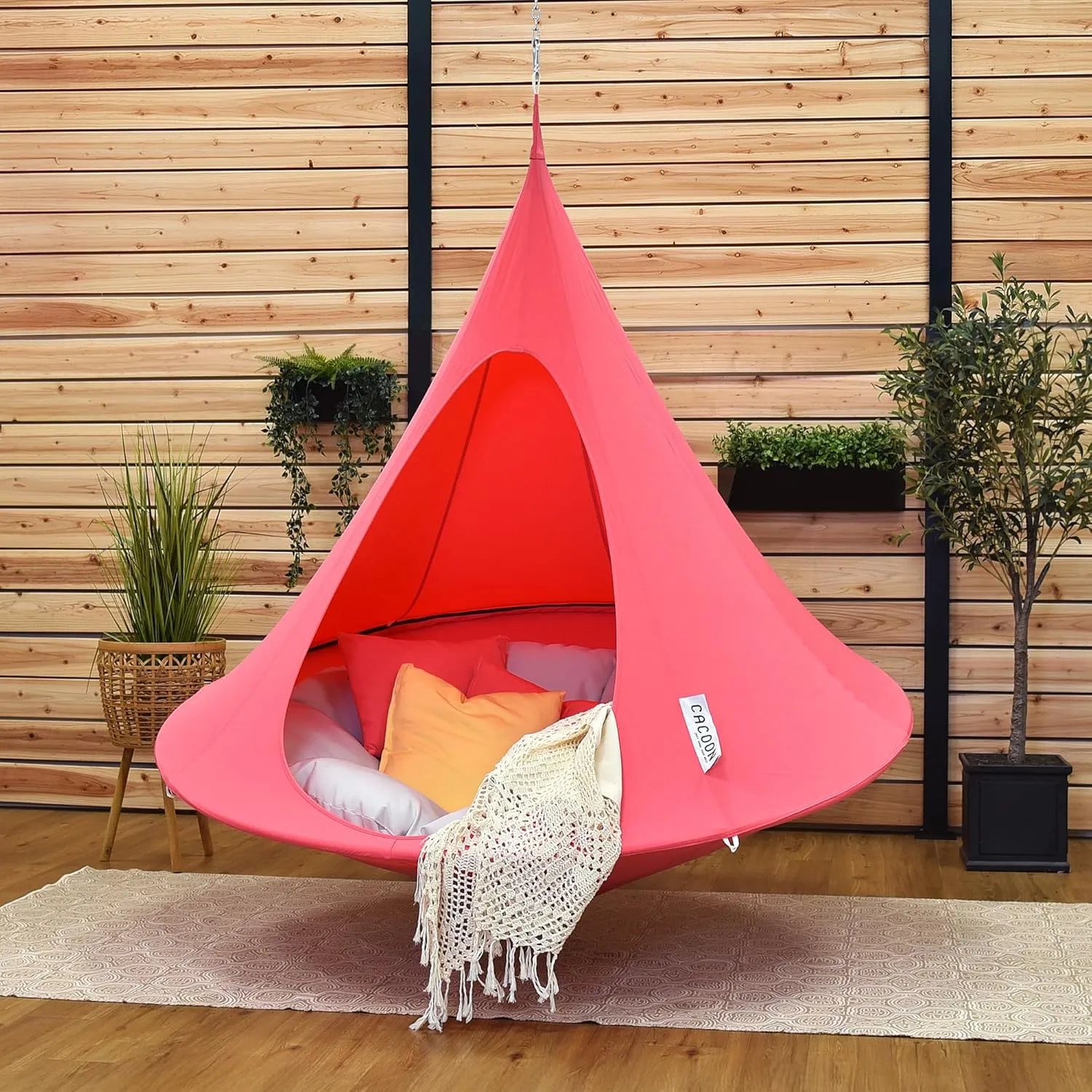 Double Cacoon Hanging Chair for Two – Cozy Indoor/Outdoor Hammock with Polyester Canvas, 440 lb Capacity, Includes 18ft Rope & Carabiner (Coral Rose)