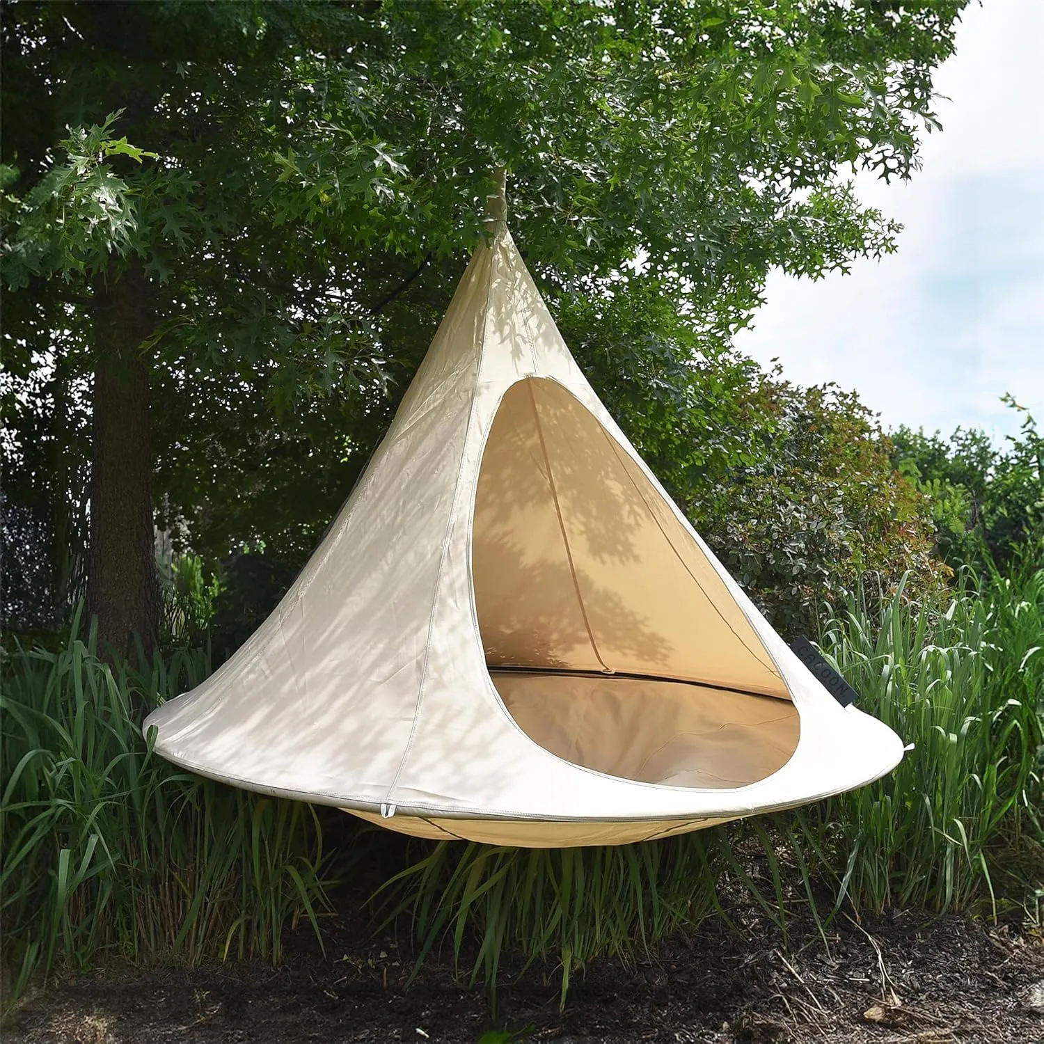 Double Cacoon Hanging Chair for Two – Cozy Indoor/Outdoor Hammock with Polyester Canvas, 440 lb Capacity, Includes 18ft Rope & Carabiner (Natural)