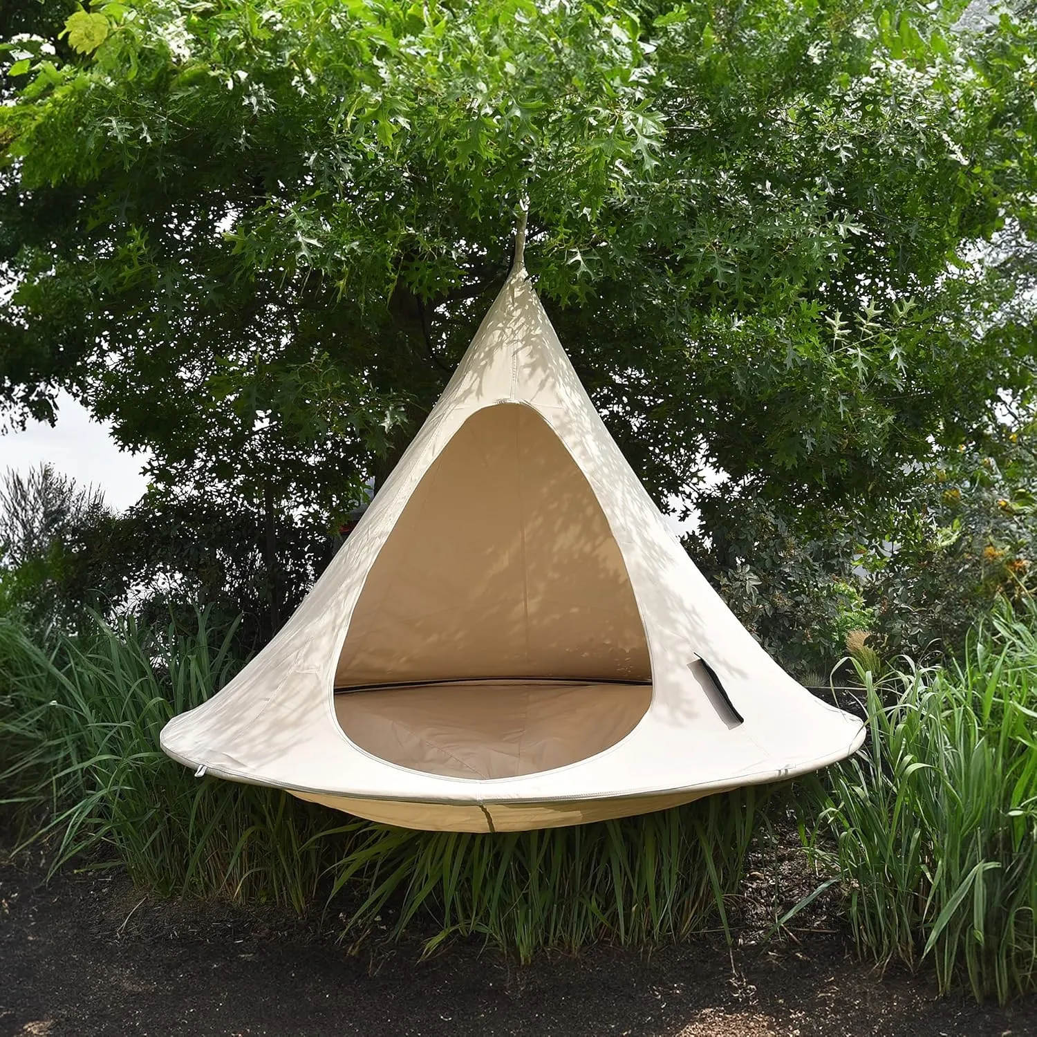 Double Cacoon Hanging Chair for Two – Cozy Indoor/Outdoor Hammock with Polyester Canvas, 440 lb Capacity, Includes 18ft Rope & Carabiner (Natural)