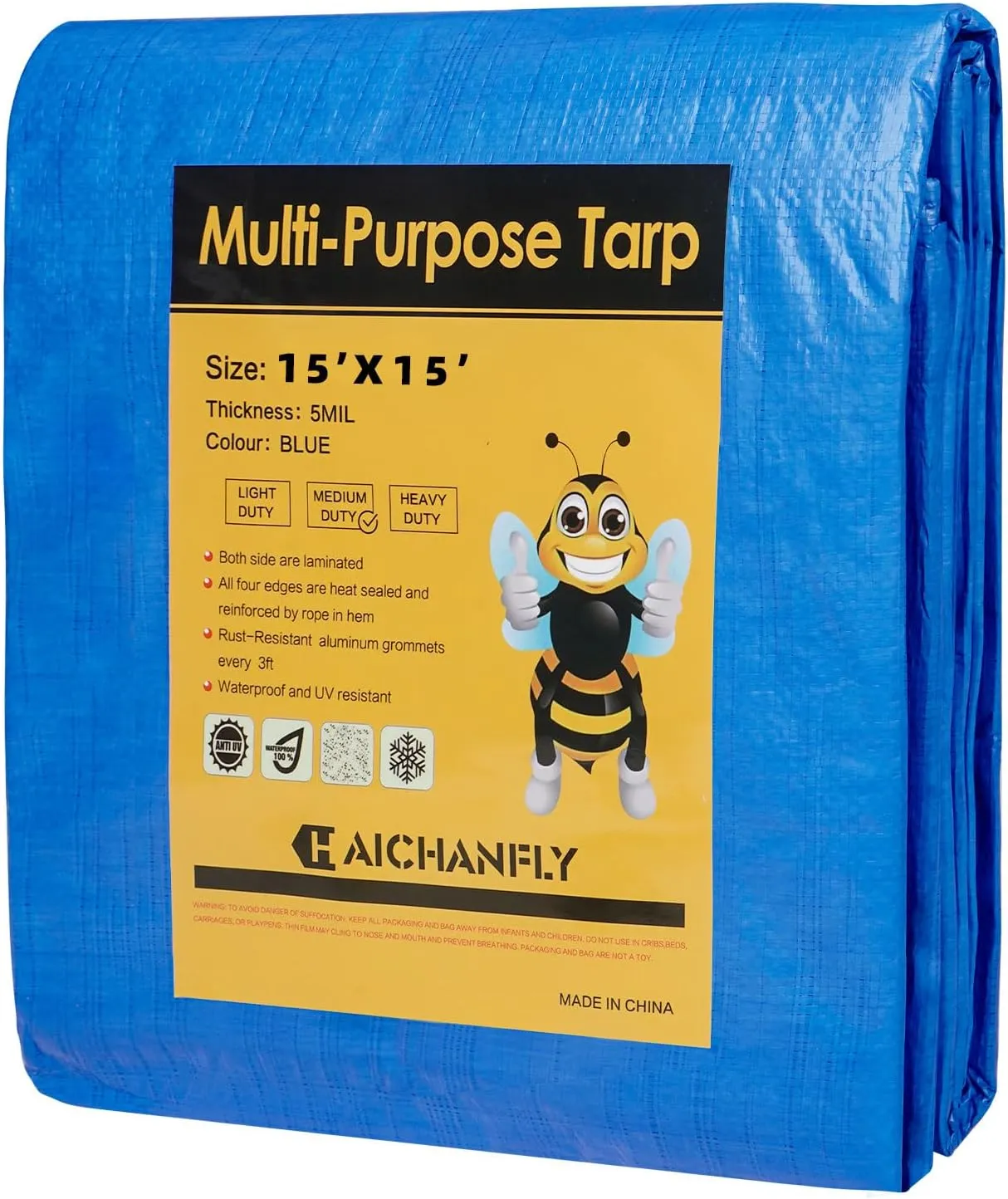Double-Sided Waterproof Poly Tarp 15x15 Feet 5mil Thick Polyethylene Tarps, Perfect for Outdoor Use, Plastic Cover & Mat for Tent Camping Storage Boat Bikes Vehicles